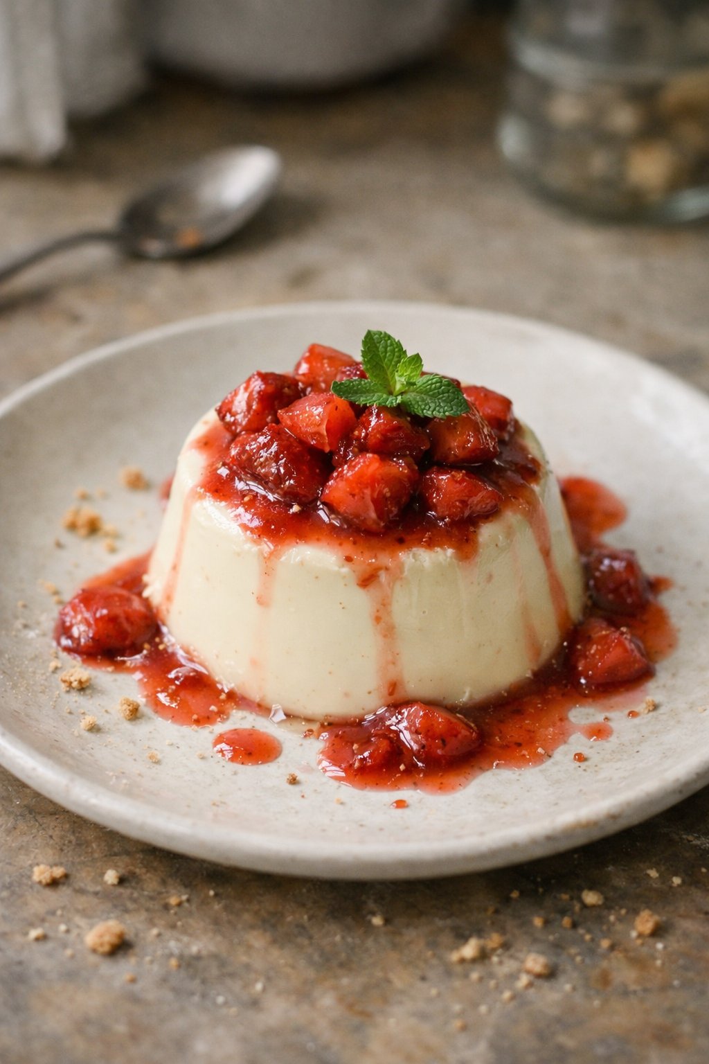 White chocolate panna cotta topped with stewed strawberries on a worn wooden surface in a home kitchen.