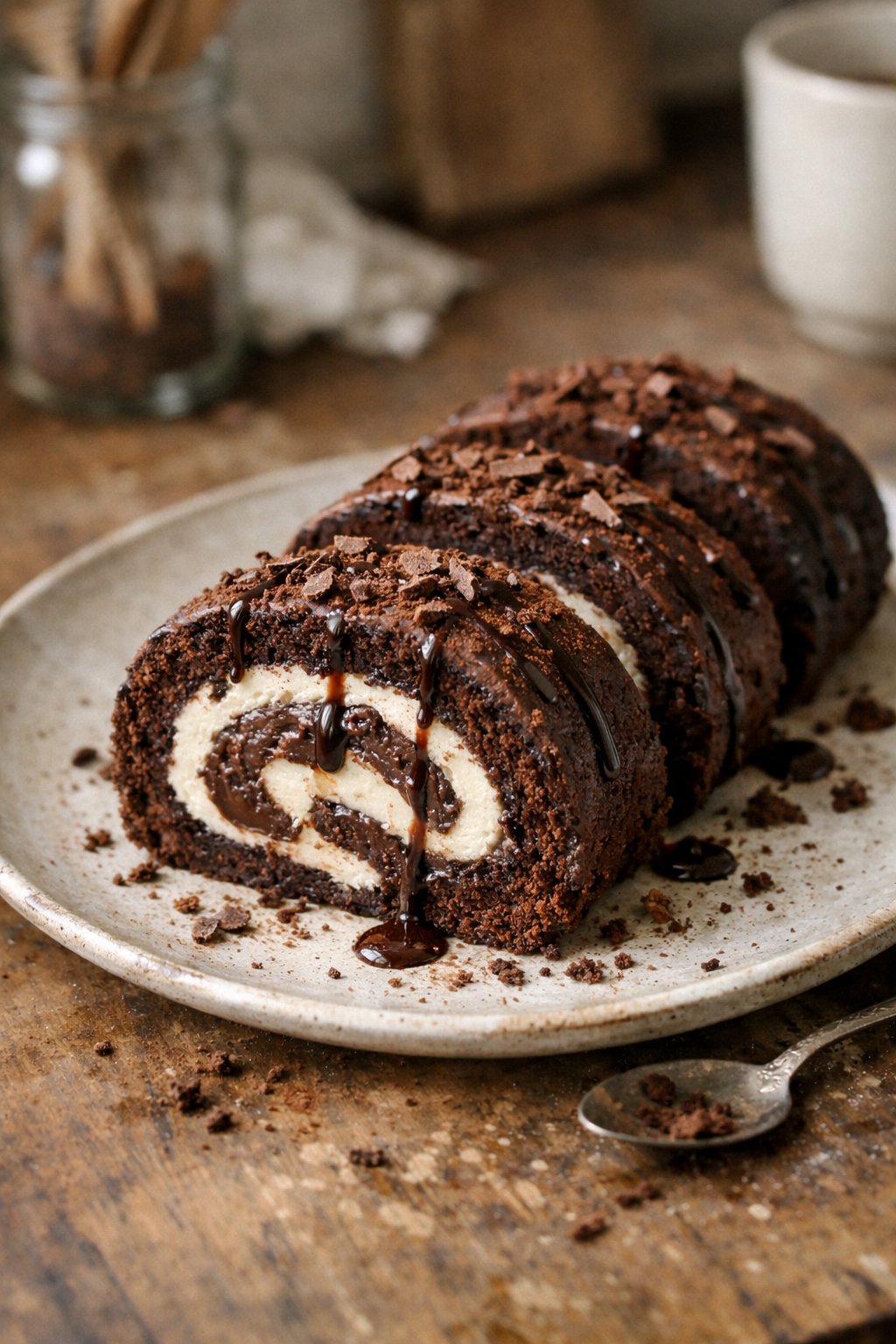 A triple-chocolate roll cake on a worn wooden surface in a home kitchen, with crumbs and chocolate sauce drips visible.