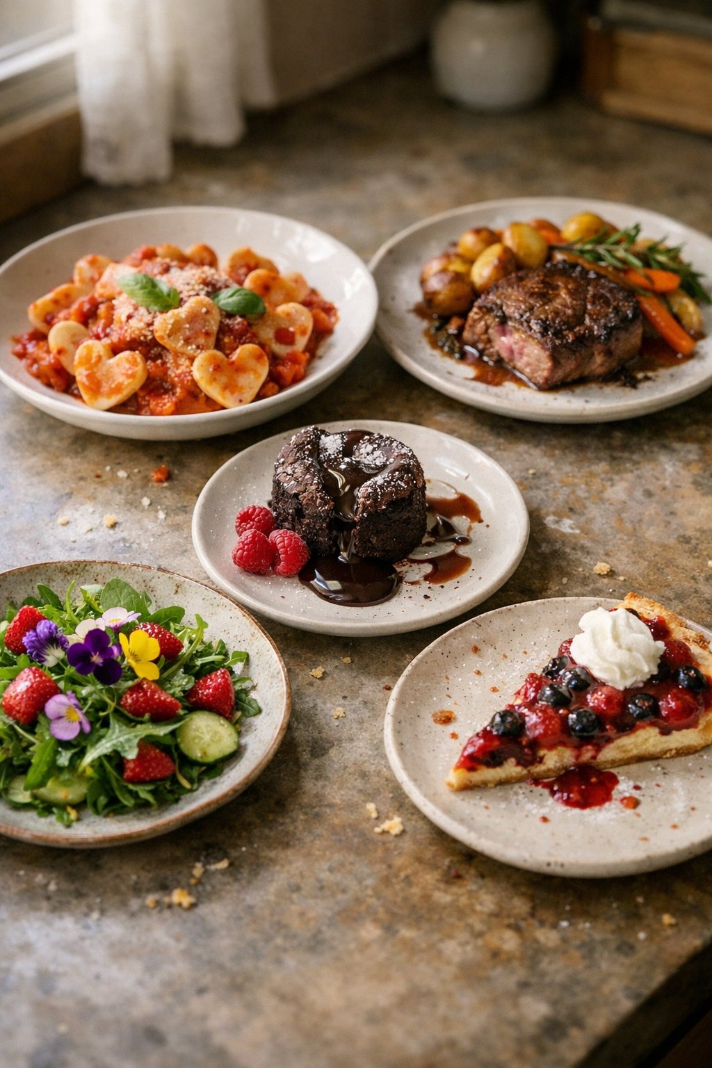 Five different Valentine's Day meals casually plated on a worn wooden surface in a home kitchen, featuring heart-shaped pasta, steak with vegetables, chocolate dessert, fresh salad with flowers, and berry tart.