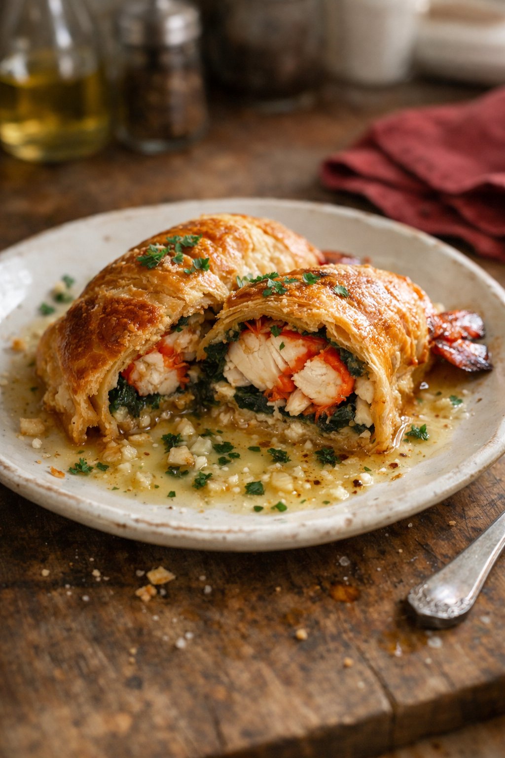 A plate of Lobster Wellington with garlic butter sauce on a wooden surface in a home kitchen, with natural light coming from the side.