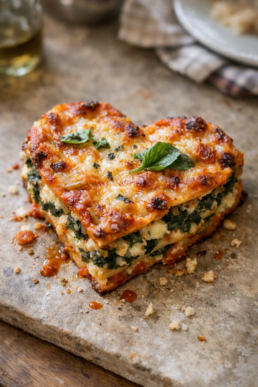 Heart-shaped spinach and ricotta lasagna on a worn wooden surface in a home kitchen, softly lit by window light from the side.