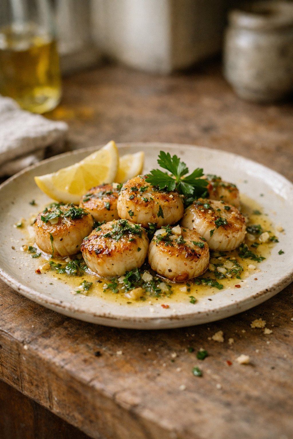 A plate of pan-seared scallops with lemon herb sauce on a worn wooden surface in a home kitchen, softly lit by window light from the side.