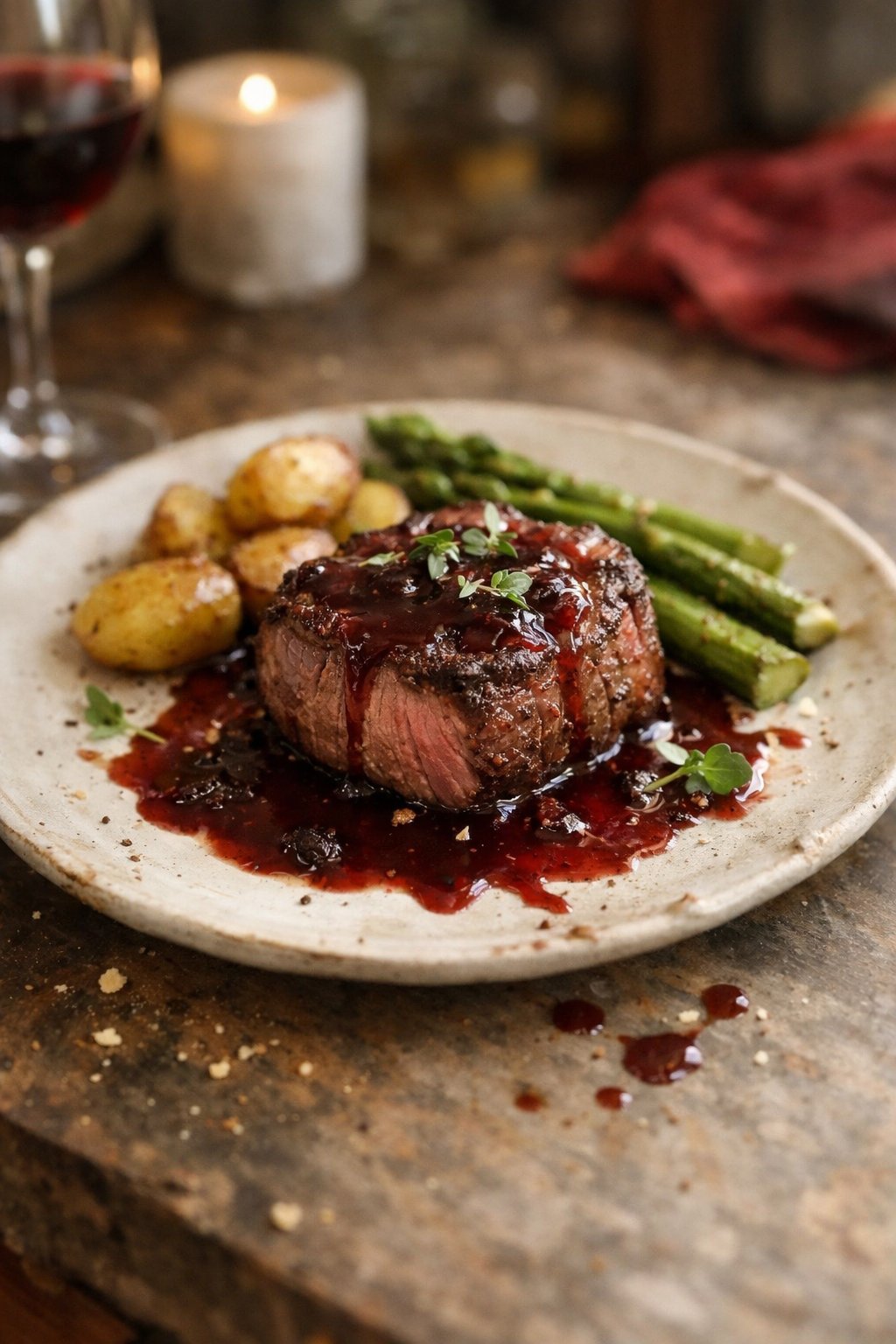 A plate of filet mignon with red wine sauce on a worn wooden surface in a home kitchen, with natural light and visible small imperfections like crumbs and sauce drips.