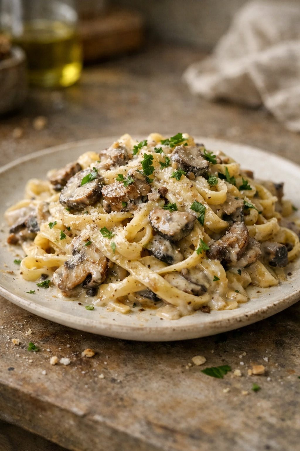 A plate of creamy truffle mushroom pasta on a worn wooden surface in a home kitchen with natural light coming from the side.