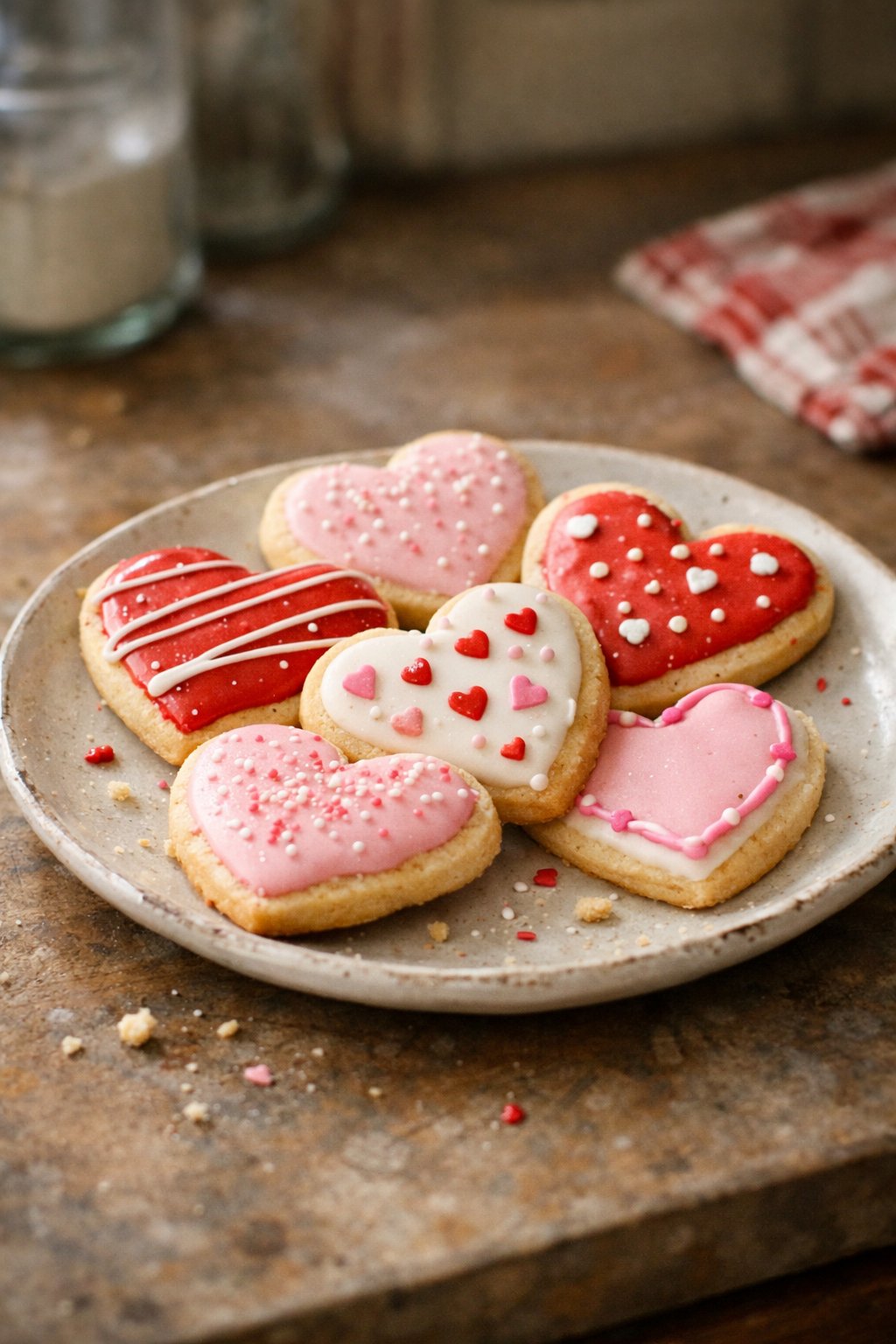Six heart-shaped Valentine's Day sugar cookies on a worn kitchen surface with natural light coming from the side.