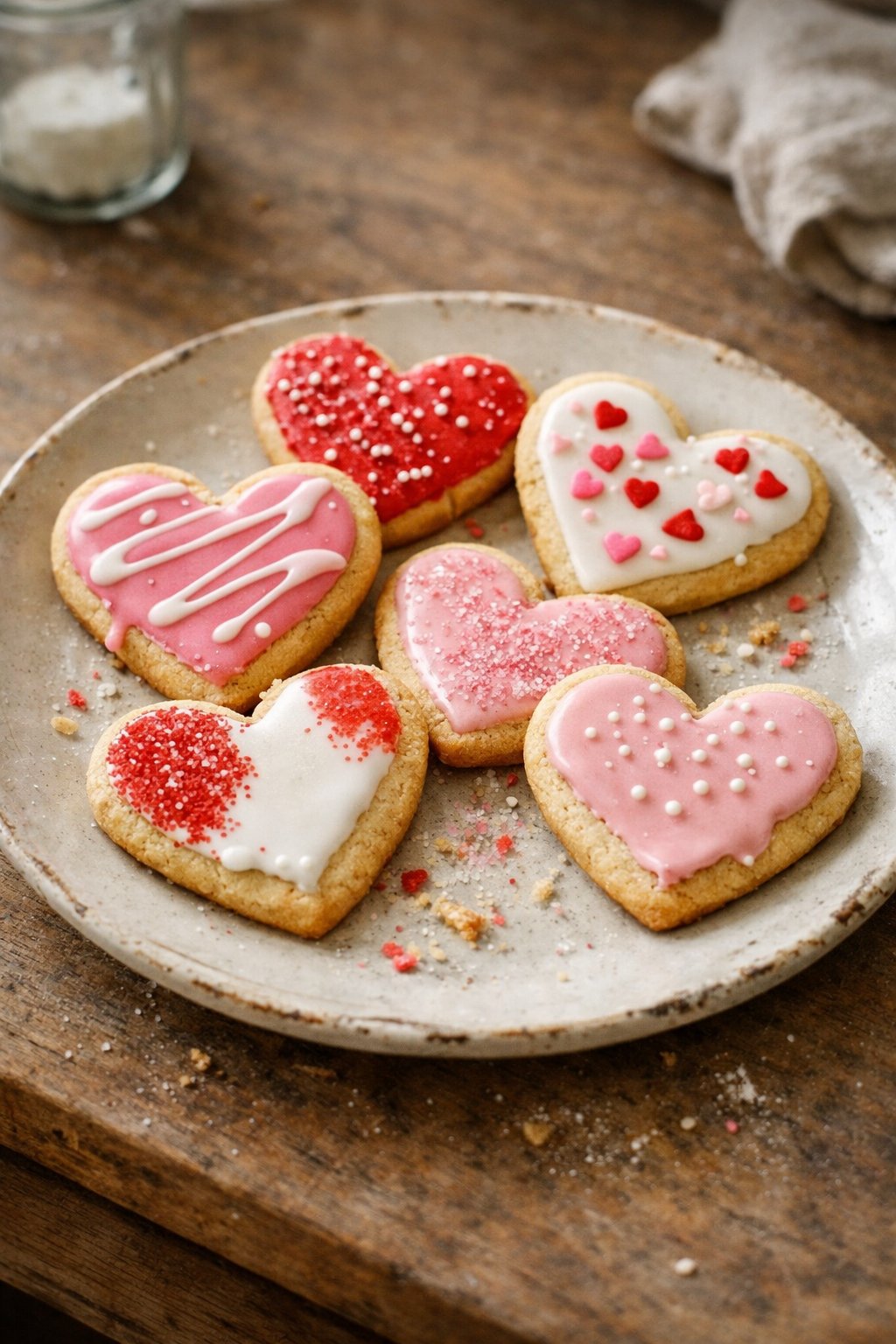 Six heart-shaped sugar cookies with royal icing on a worn wooden surface in a home kitchen.
