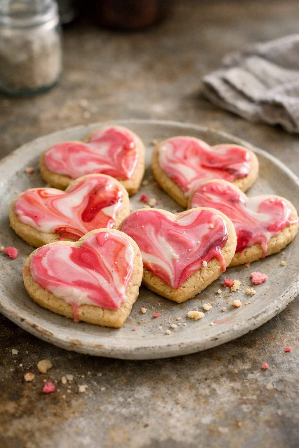 A plate of six buttery sugar cookies with marbled pink and red Valentine-themed icing on a worn wooden surface in a home kitchen.