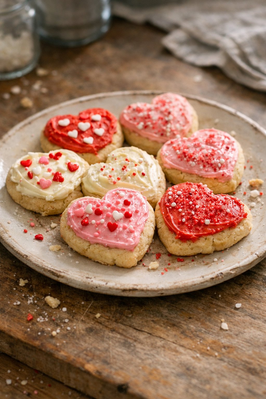 Six Valentine’s Day sugar cookies with buttercream frosting on a worn wooden or stone surface in a home kitchen, with natural light and slight shadows.