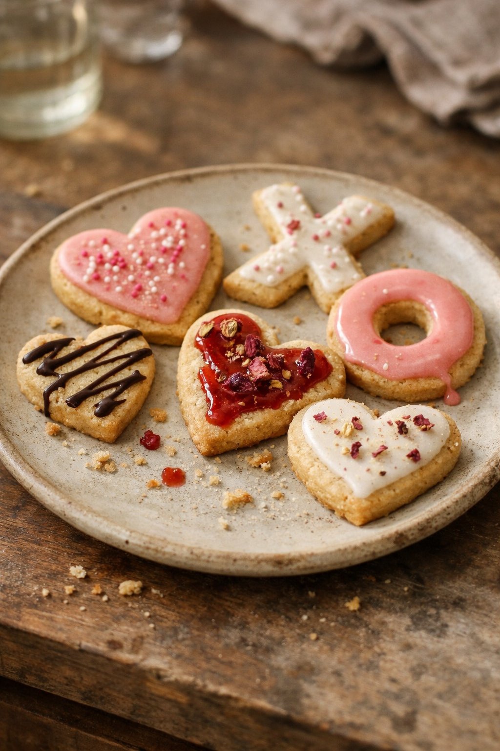 Six gluten-free Valentine's Day sugar cookies on a worn wooden surface in a home kitchen, softly lit by window light from the side.