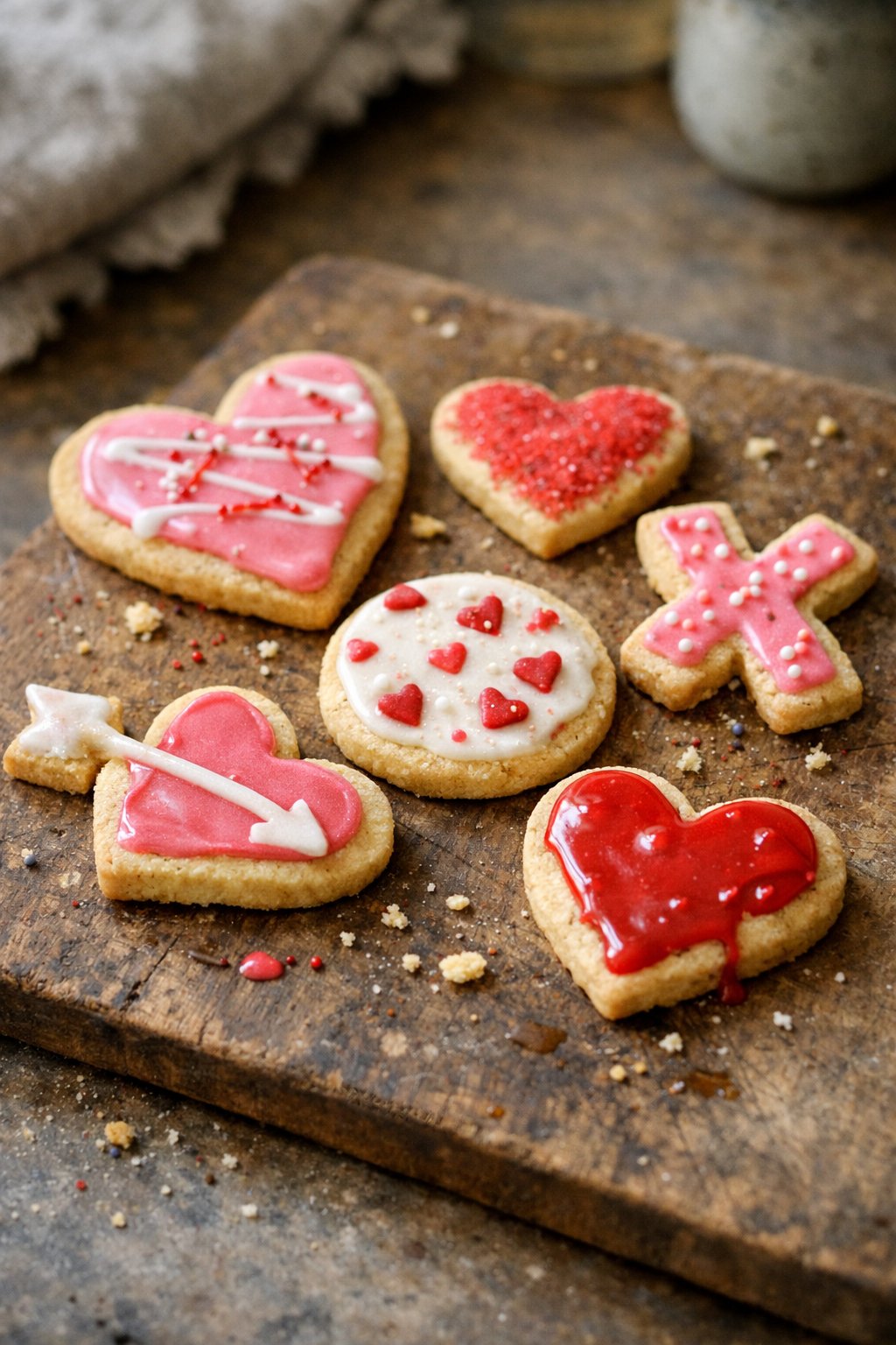Six Valentine's Day sugar cookies with crisp edges and soft centers arranged on a worn kitchen surface with natural light coming from the side.