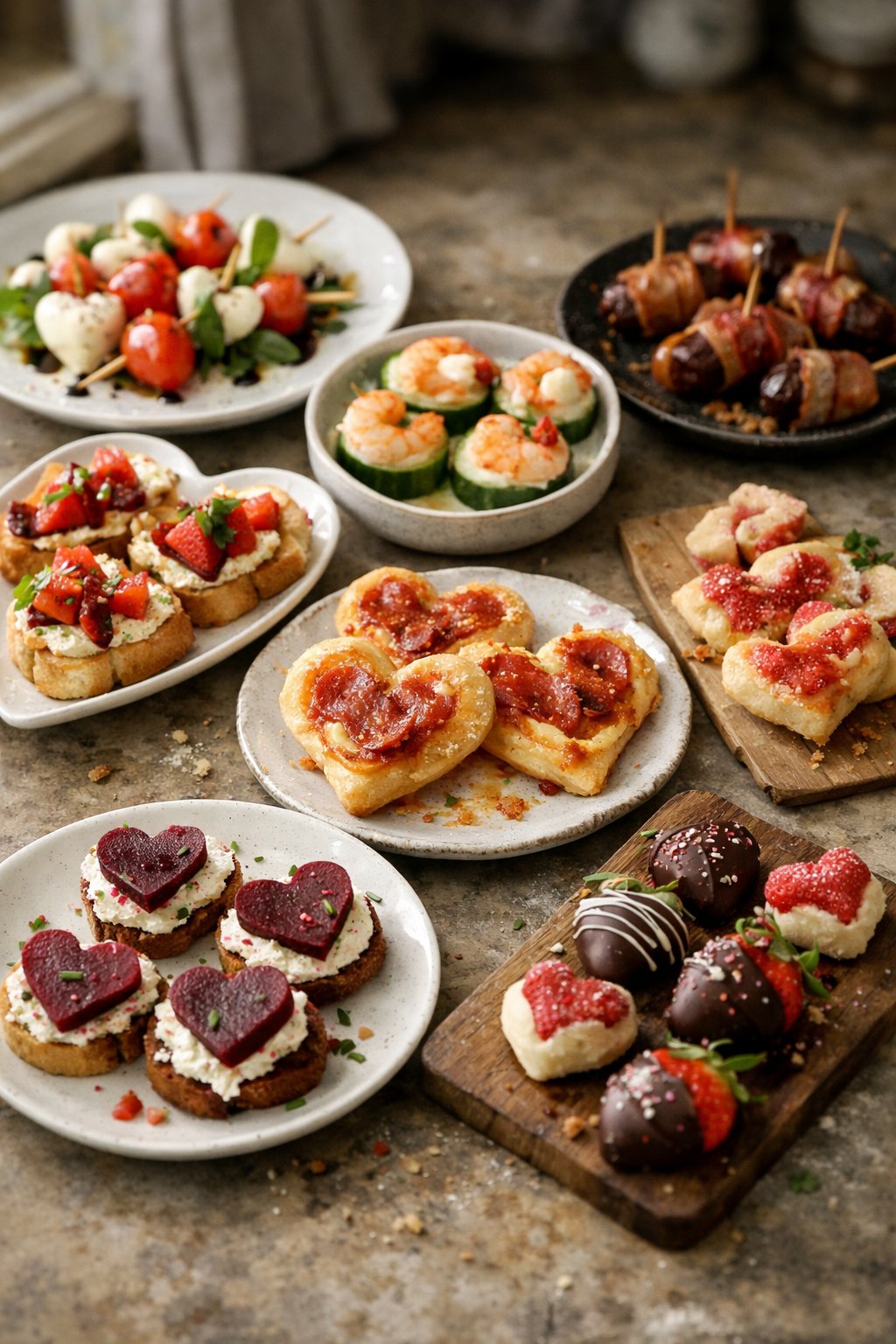 Seven Valentine's Day appetizers arranged on a worn wooden or stone surface in a home kitchen, with natural light coming from the side.