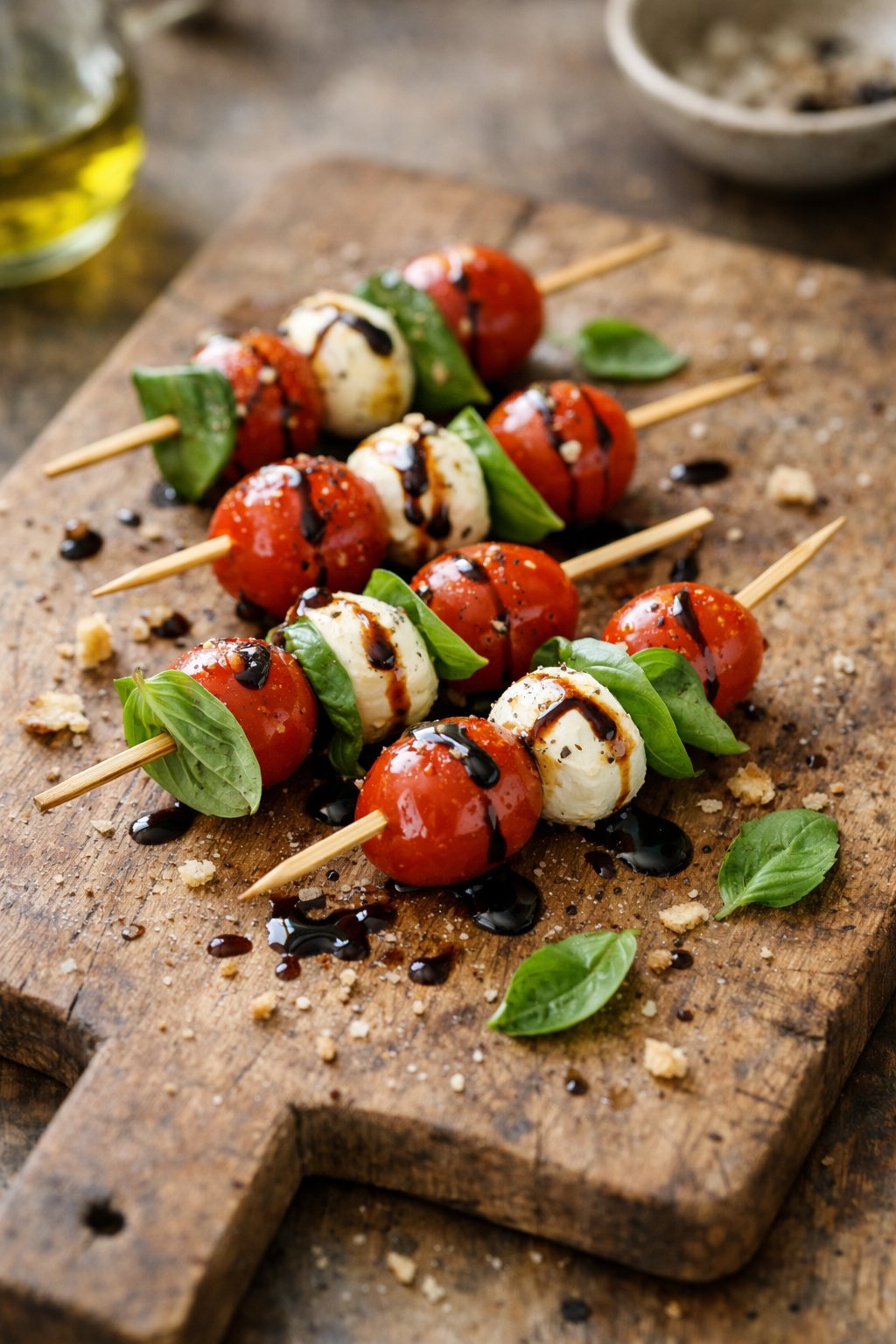 Caprese salad skewers with mozzarella, cherry tomatoes, basil, and balsamic glaze on a worn wooden surface in a home kitchen.