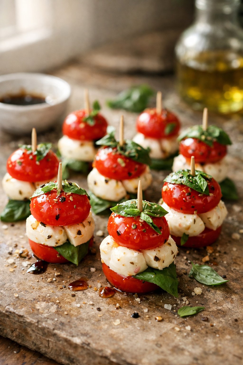A close-up of mini mozzarella and cherry tomato bites casually arranged on a worn wooden surface in a home kitchen, with natural light and subtle shadows.