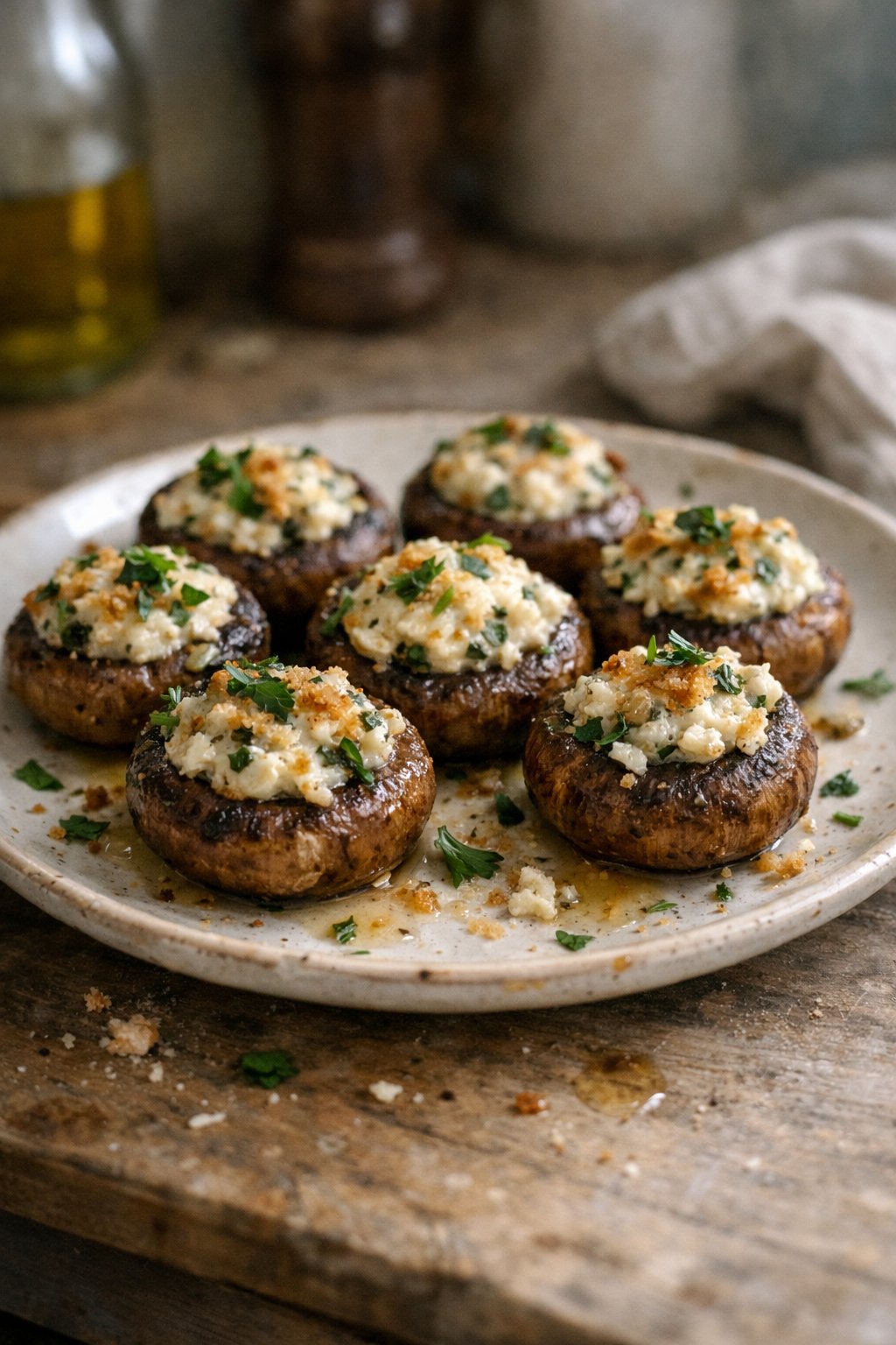 A plate of stuffed mushrooms with garlic and herb cream cheese on a worn wooden surface in a home kitchen, softly lit by natural window light from the side.