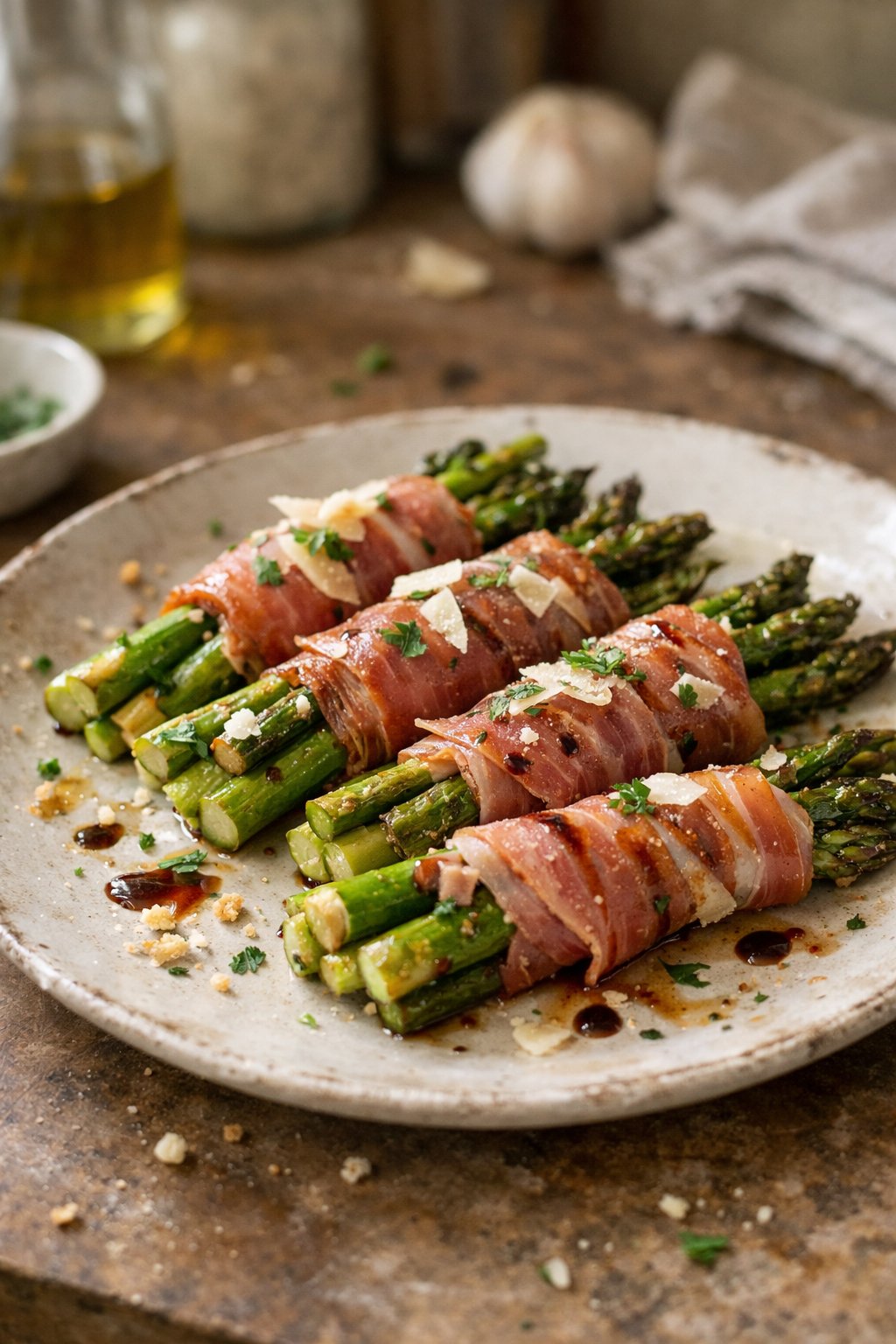 A plate of prosciutto-wrapped asparagus on a worn wooden surface in a home kitchen, softly lit by window light with some crumbs and sauce drips visible.
