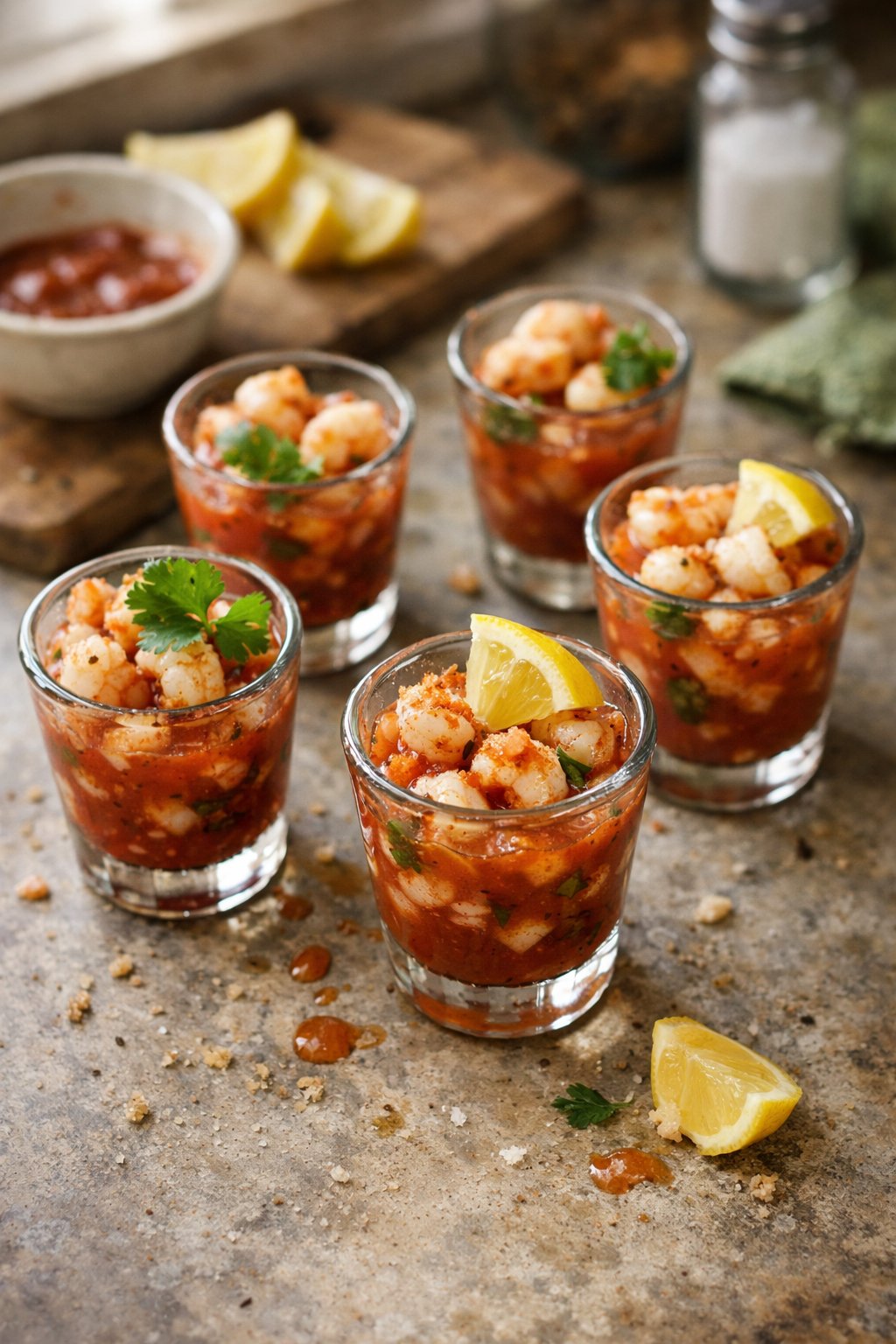 Spicy shrimp cocktail shots on a rustic wooden surface in a home kitchen, with small imperfections like crumbs and sauce drips visible.