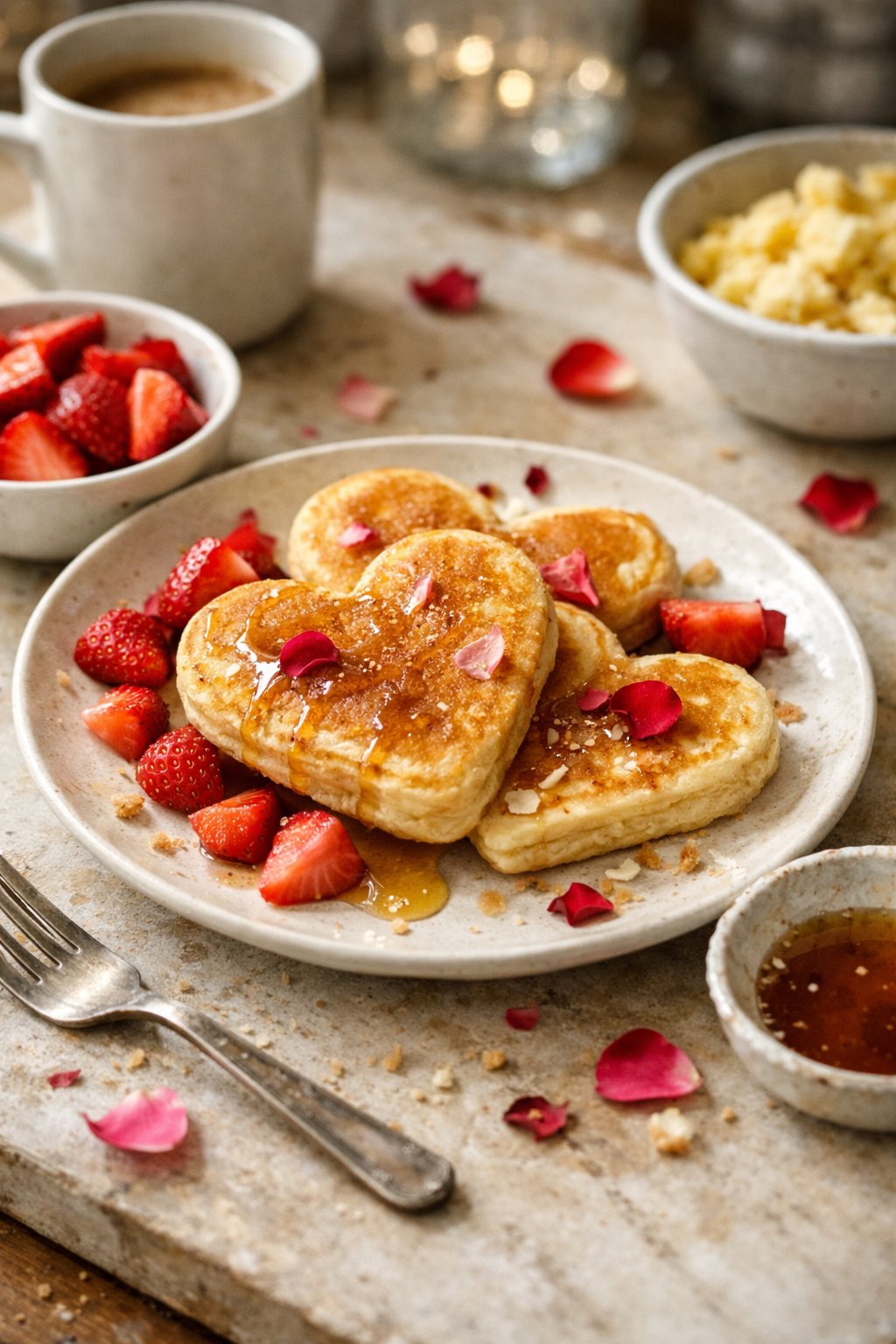 A casual Valentine's Day breakfast with heart-shaped pancakes, fresh strawberries, and rose petal garnishes on a worn wooden surface in a home kitchen.