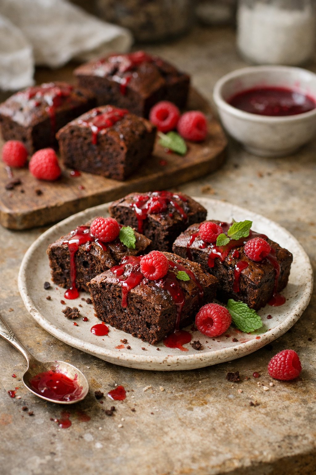 Chocolate mini-loaves with raspberry syrup on a worn wooden surface in a home kitchen setting.