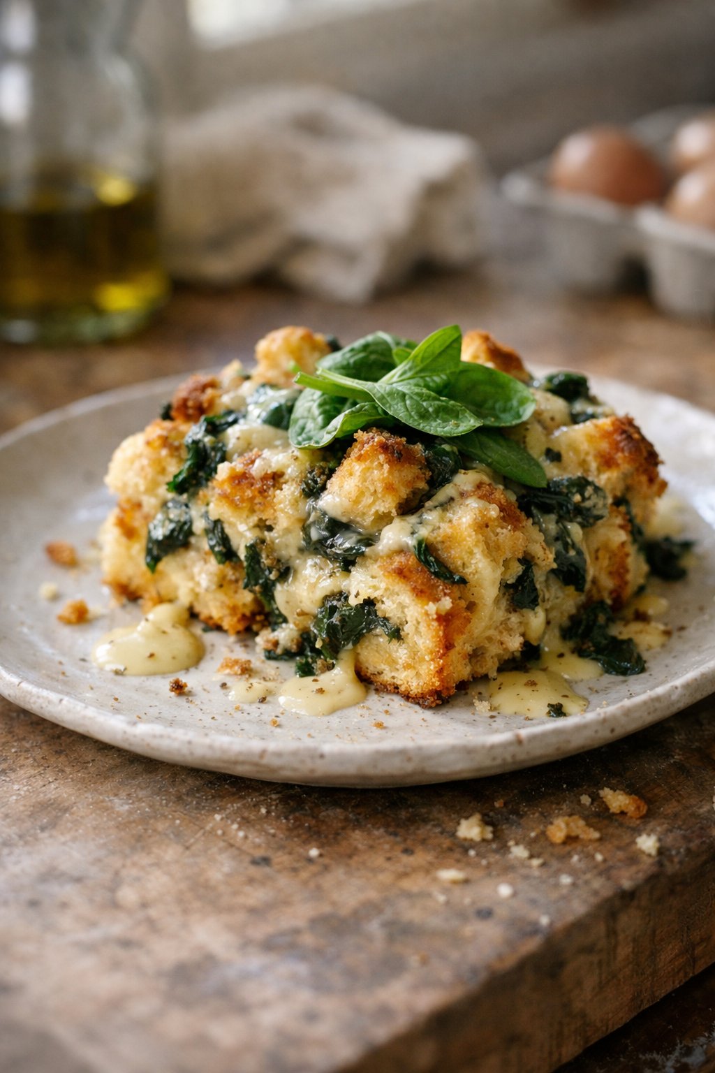 A plate of savory bread pudding with spinach and cheese on a wooden surface in a home kitchen, softly lit by window light from the side.