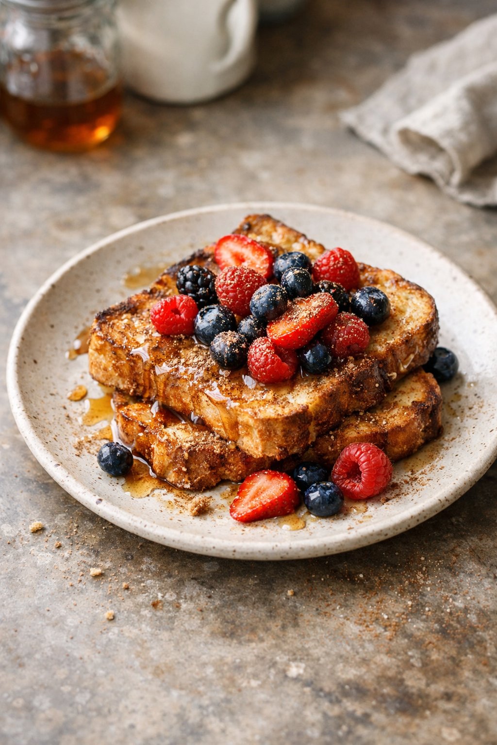 A plate of French toast with cinnamon and berries on a worn wooden surface in a home kitchen, softly lit by window light from the side.