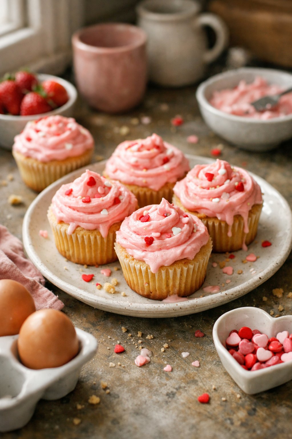 A plate of pink frosting cupcakes on a worn wooden surface in a home kitchen, softly lit by natural window light with crumbs and small frosting drips visible.