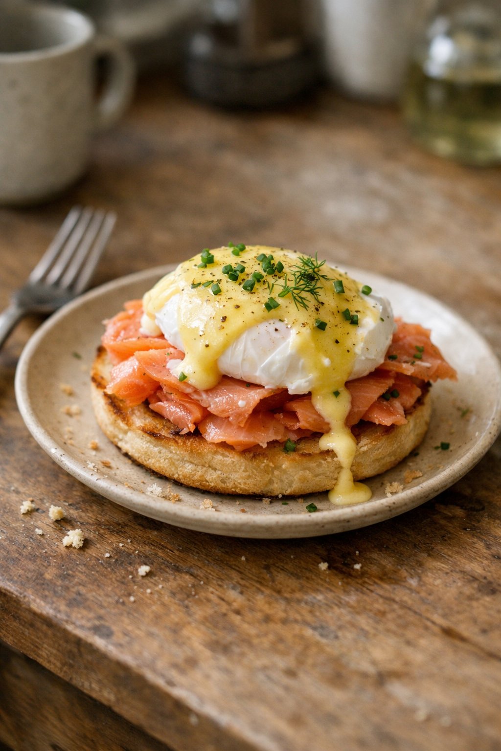 A plate of Eggs Benedict with smoked salmon on a worn wooden surface in a home kitchen, softly lit by window light from the side.