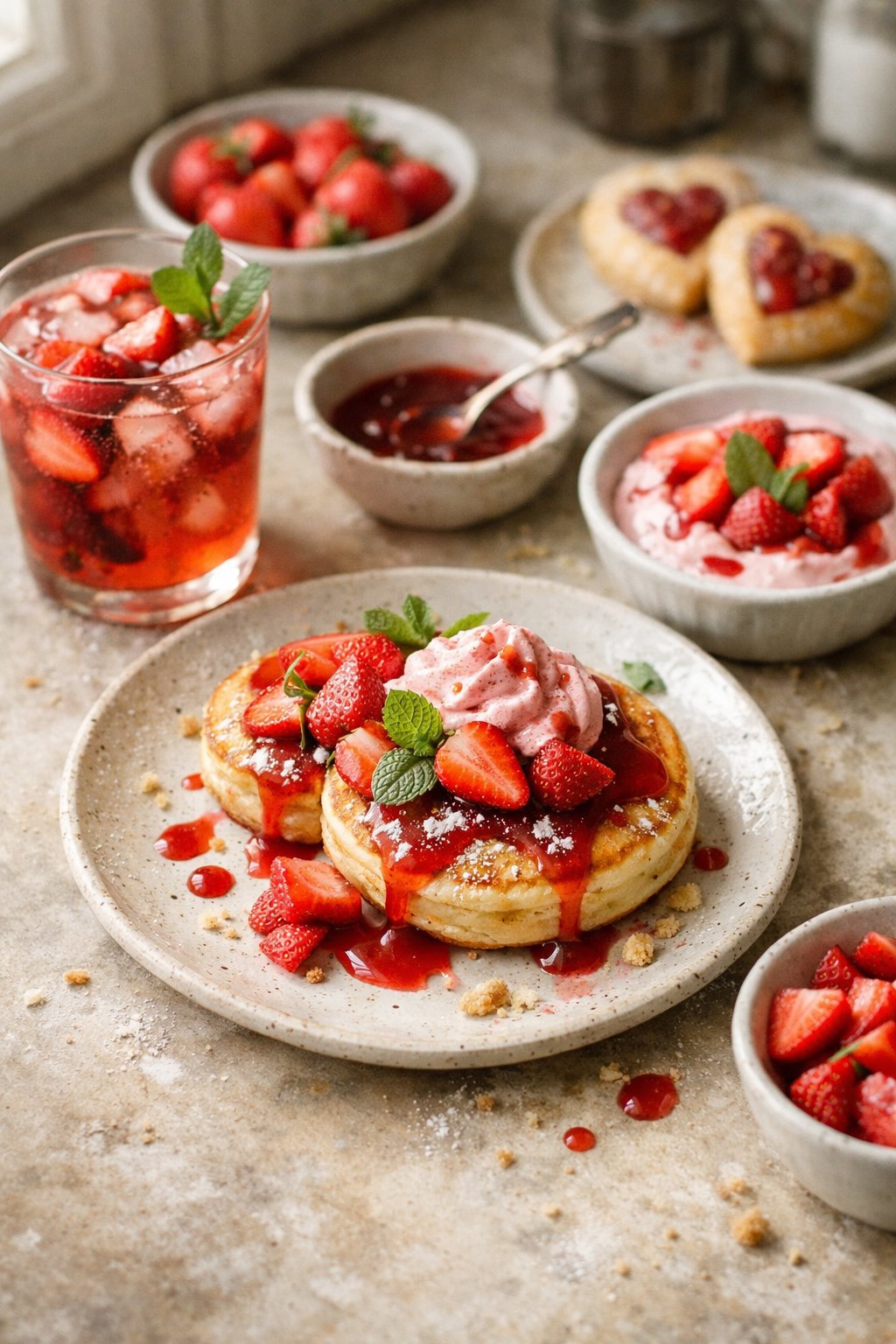A home kitchen table with a casually plated breakfast featuring strawberry hibiscus punch and fresh strawberries on a worn wooden surface.
