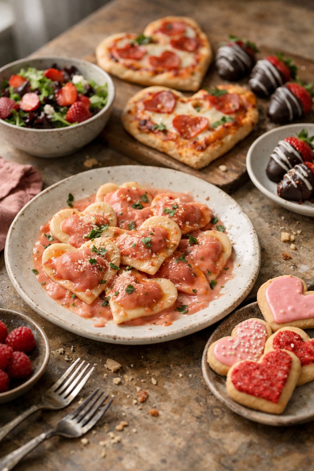 A variety of casually plated Valentine's Day dishes on a worn wooden surface in a home kitchen, lit by soft natural window light from the side.