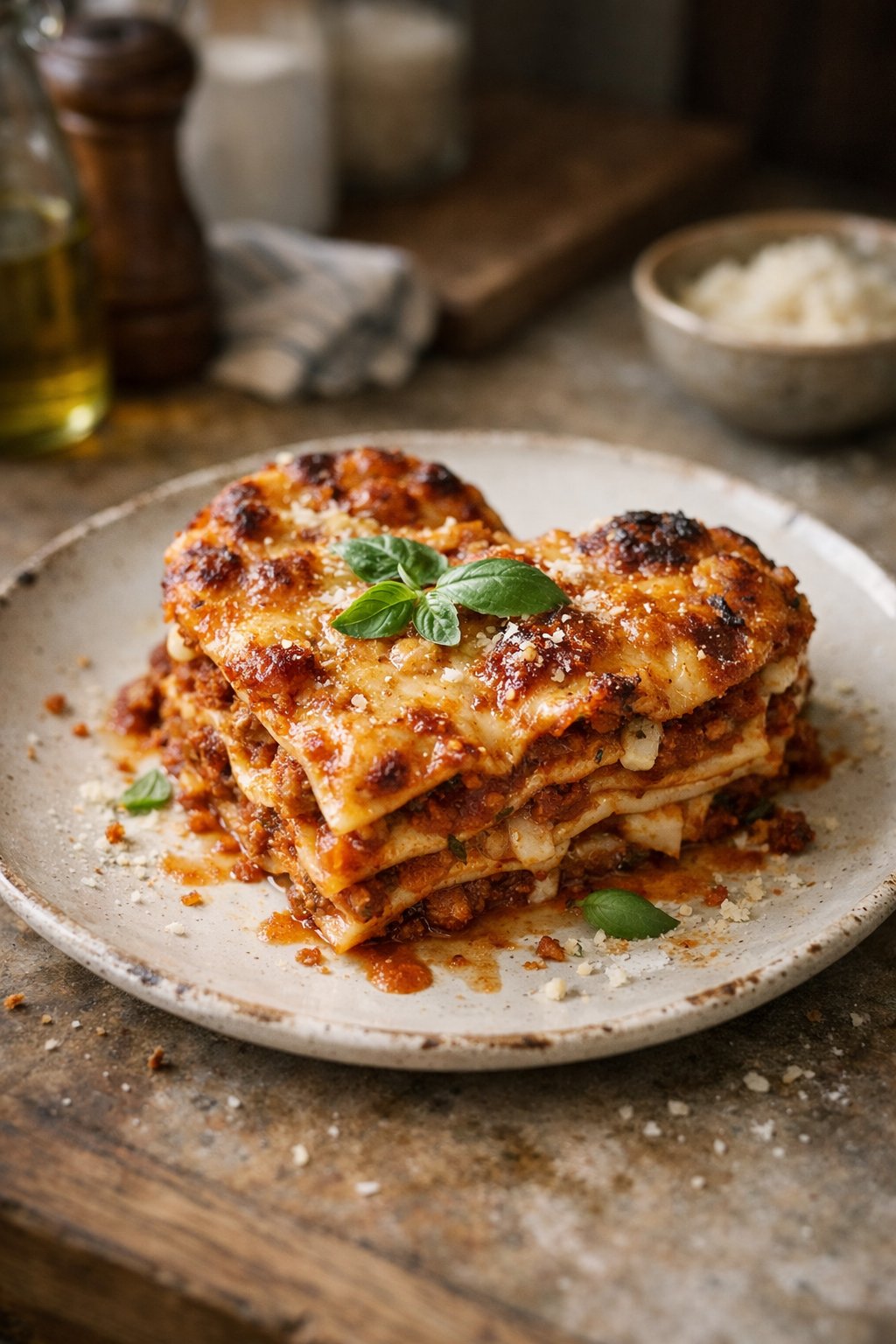 A heart-shaped lasagna on a worn wooden surface in a home kitchen, softly lit by natural window light from the side.