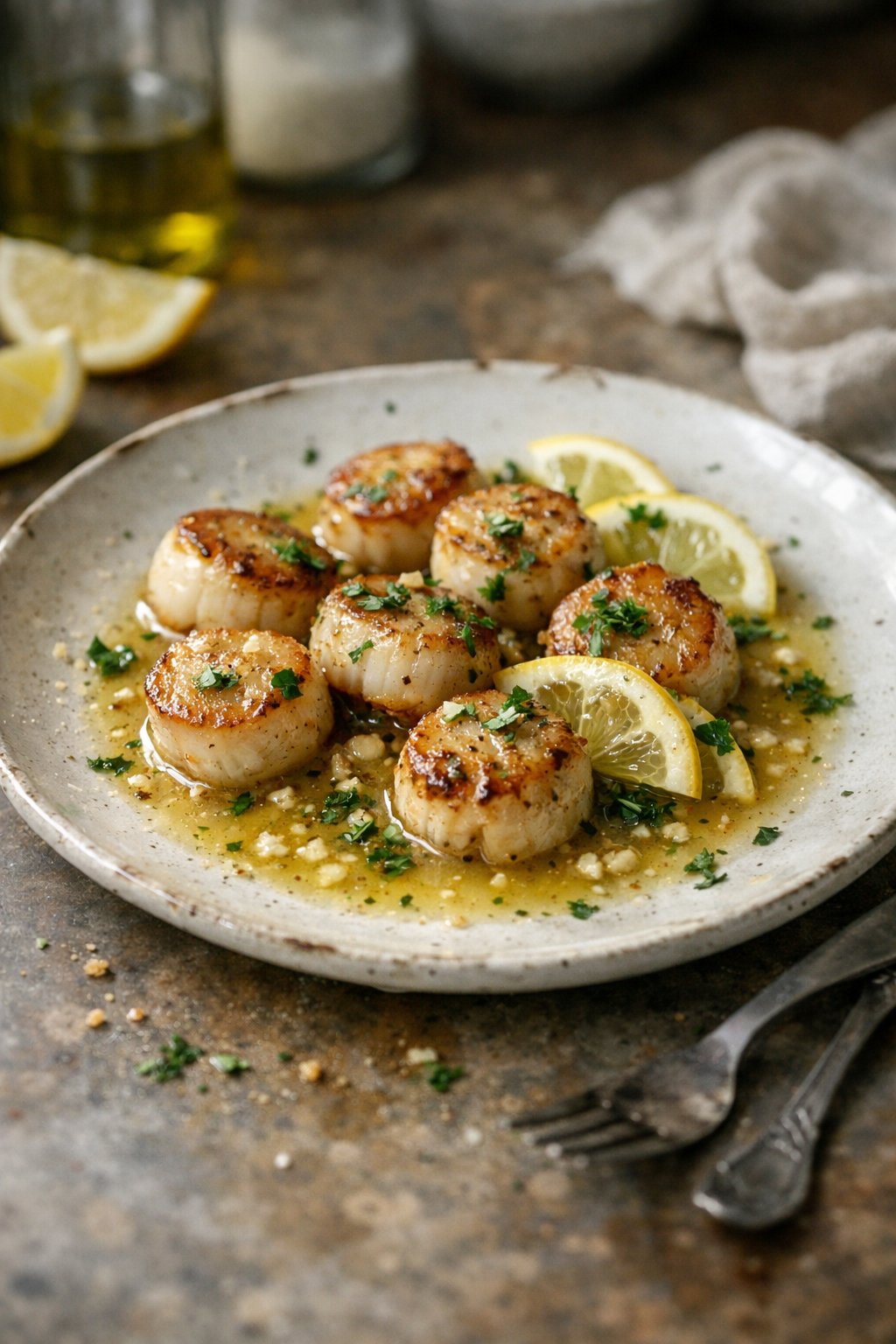 A plate of seared scallops with lemon butter sauce on a worn wooden surface in a home kitchen, with natural light and casual plating.