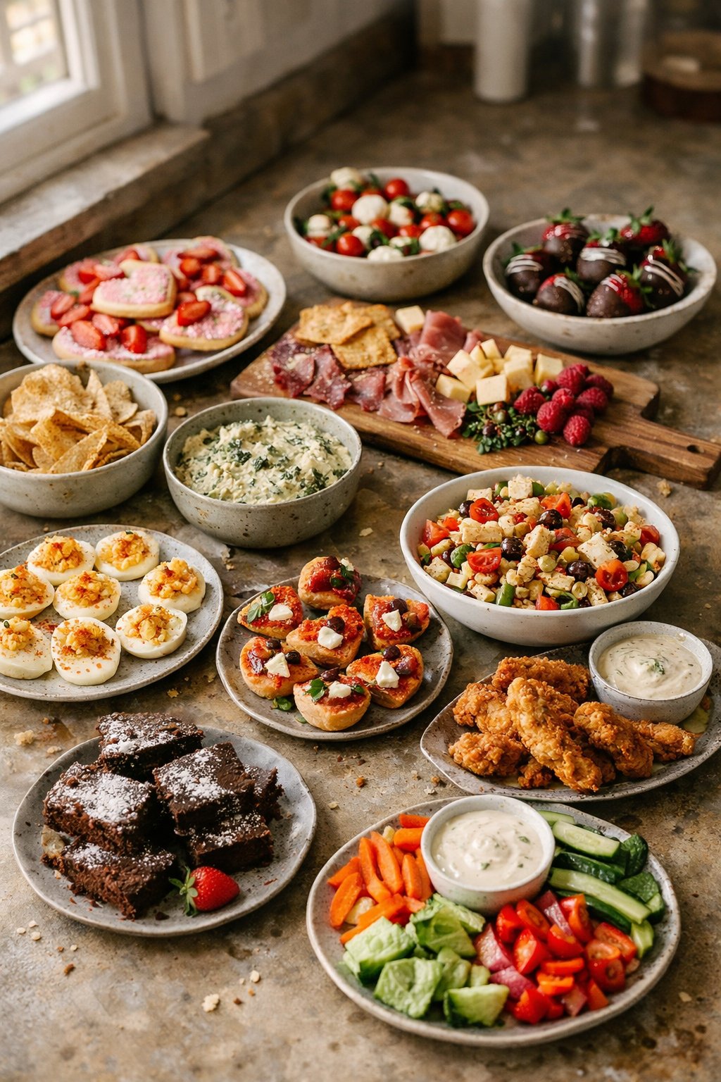A casual spread of various home-cooked Galentine's Day party foods arranged on a worn wooden or stone surface in a cozy kitchen, with soft natural light and visible small imperfections like crumbs and sauce drips.