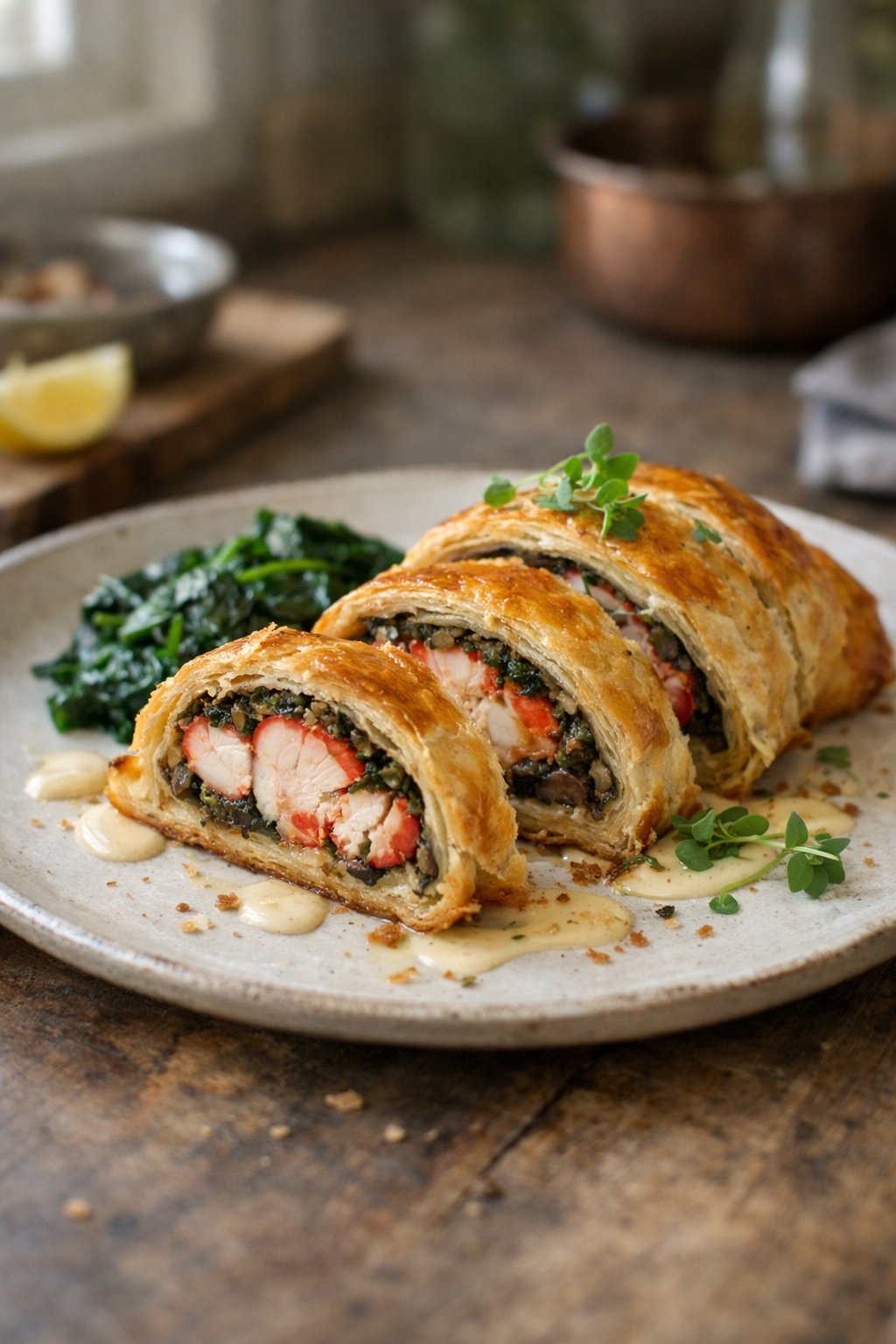 A plate of Lobster Wellington on a worn wooden surface in a home kitchen with natural side light and a blurred background.