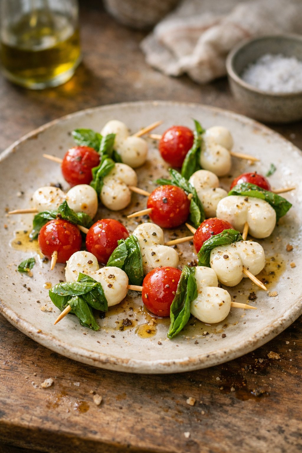 Heart-shaped Caprese skewers on a wooden surface in a home kitchen with natural light and casual plating.
