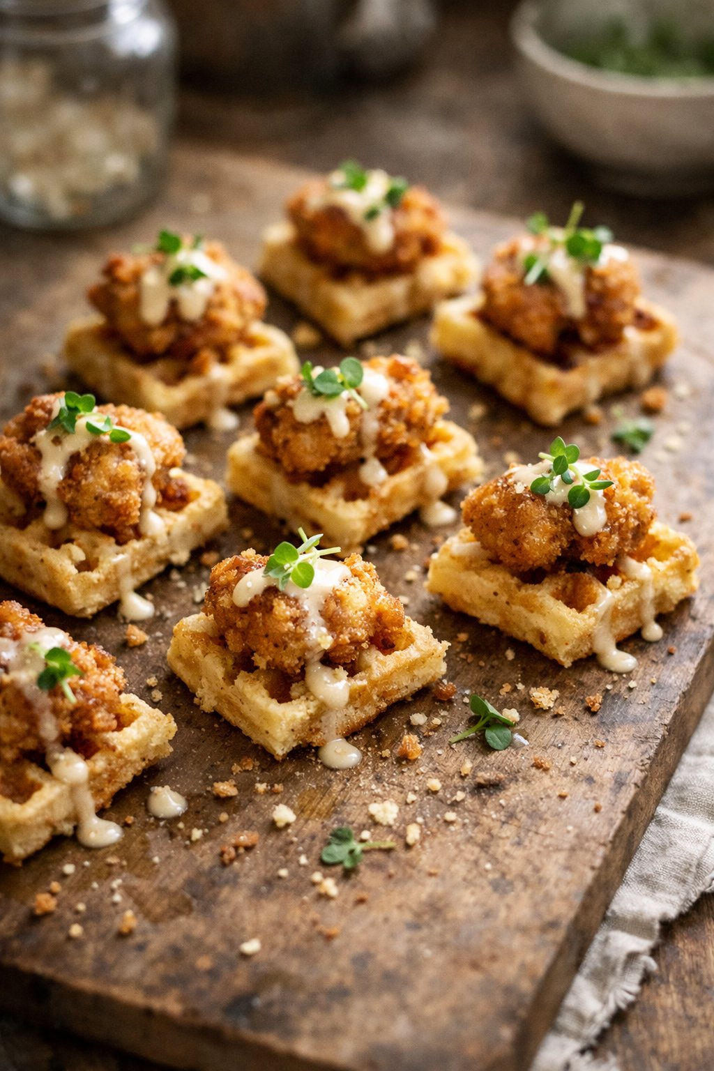 Mini chicken and waffle bites casually plated on a worn wooden surface in a home kitchen with natural light coming from the side.