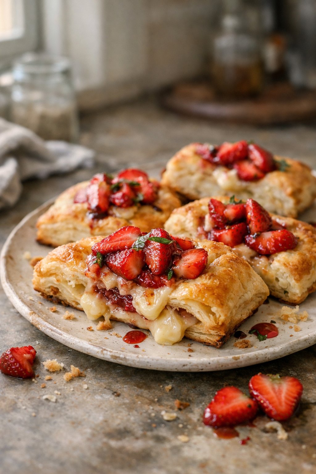 A plate of strawberry brie puff pastry on a worn wooden surface in a home kitchen, with natural light coming from the side and a softly blurred background.