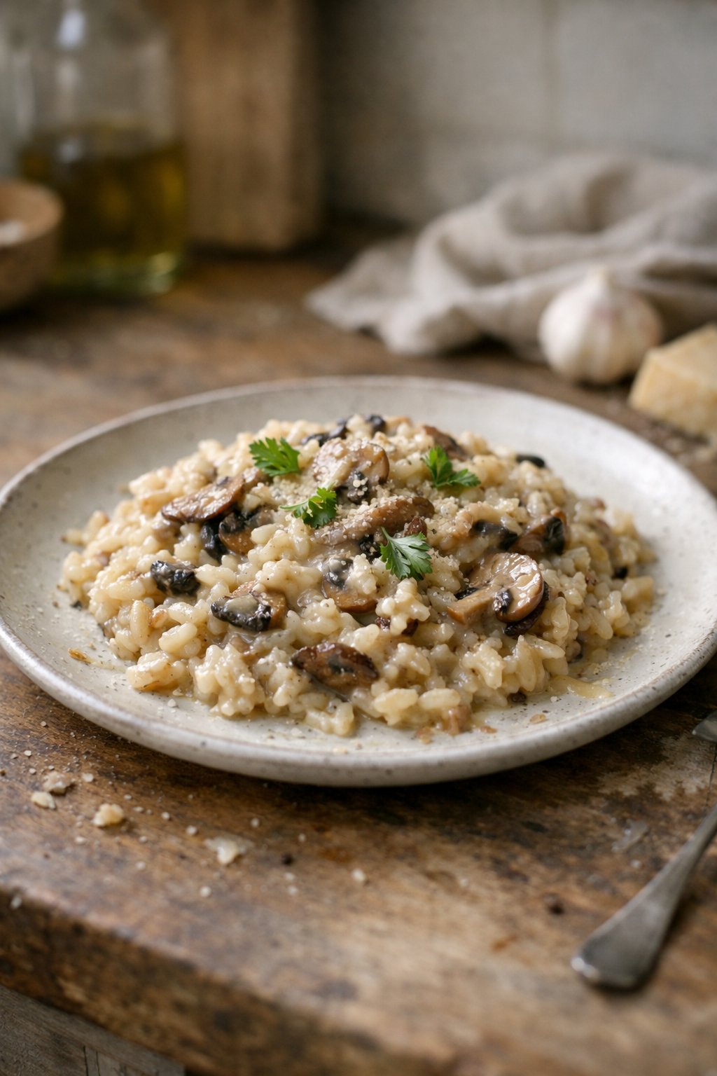 A plate of creamy mushroom risotto on a rustic wooden surface in a home kitchen, softly lit by natural window light with some herbs and sauce visible.