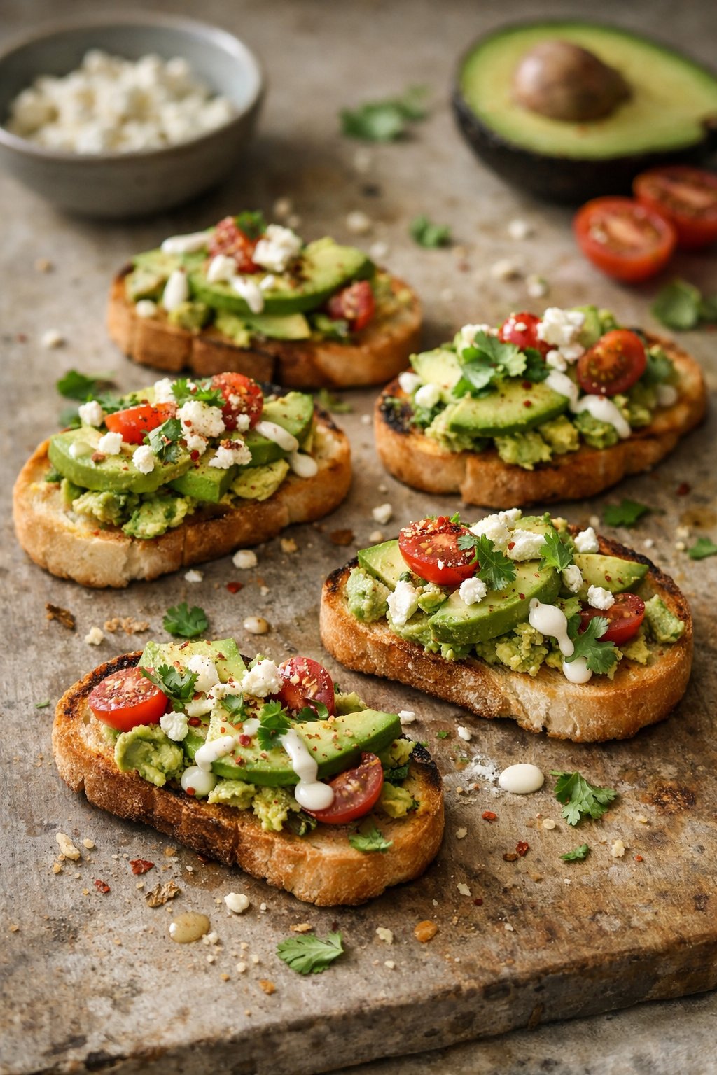 A plate of avocado toast crostini on a worn wooden surface in a home kitchen, with crumbs and sauce drips visible, softly lit by window light from the side.