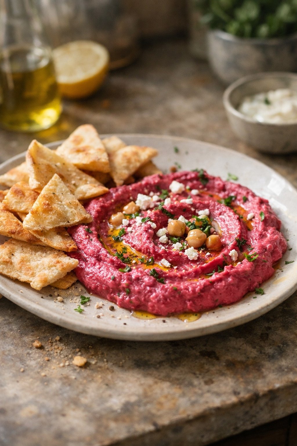 A plate of pink beet hummus with pita chips on a worn wooden surface in a home kitchen, softly lit by window light from the side.