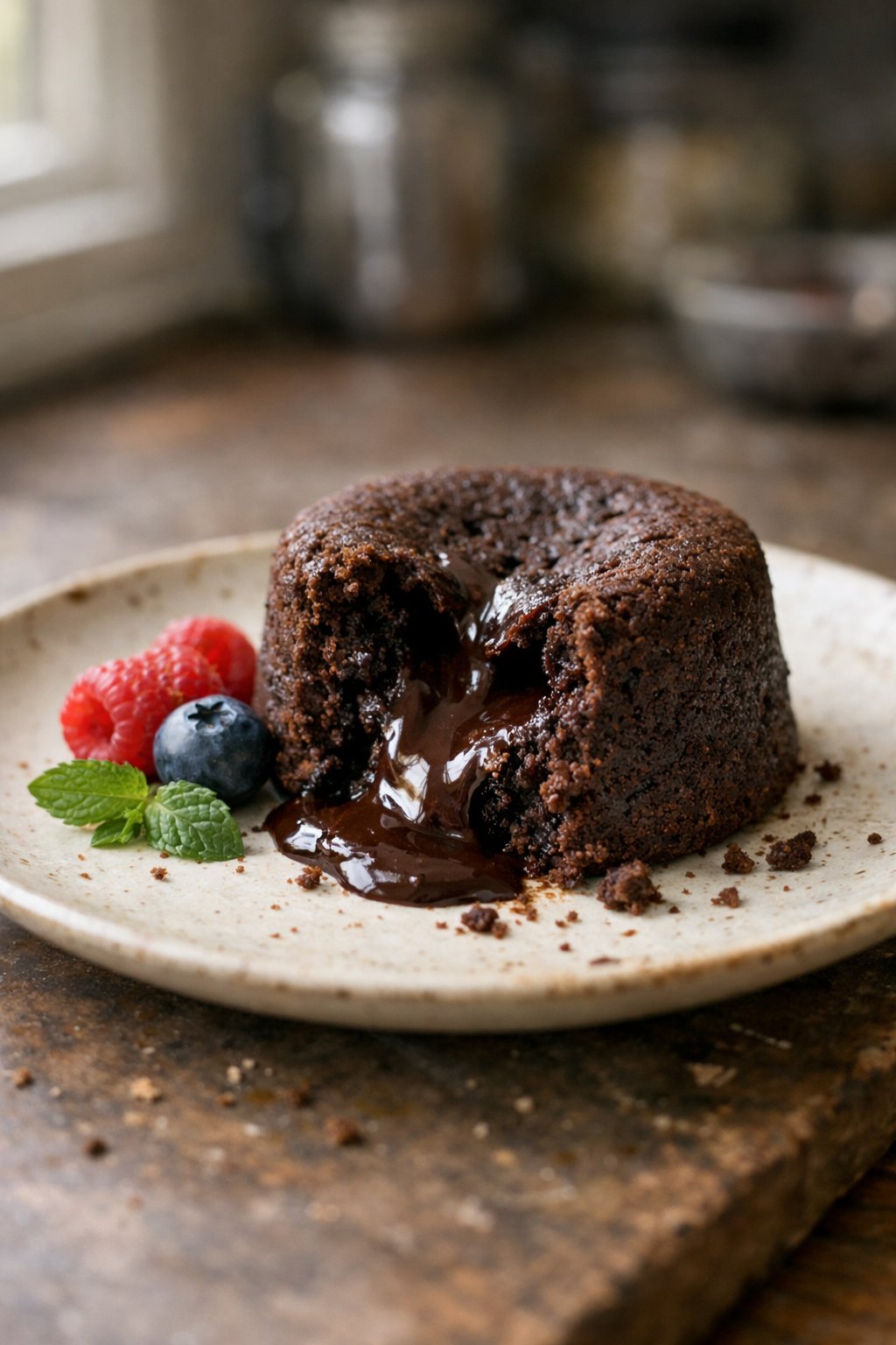 A chocolate lava cake on a plate with molten chocolate oozing out, placed on a worn wooden surface with crumbs and a small garnish, softly lit by window light in a home kitchen.