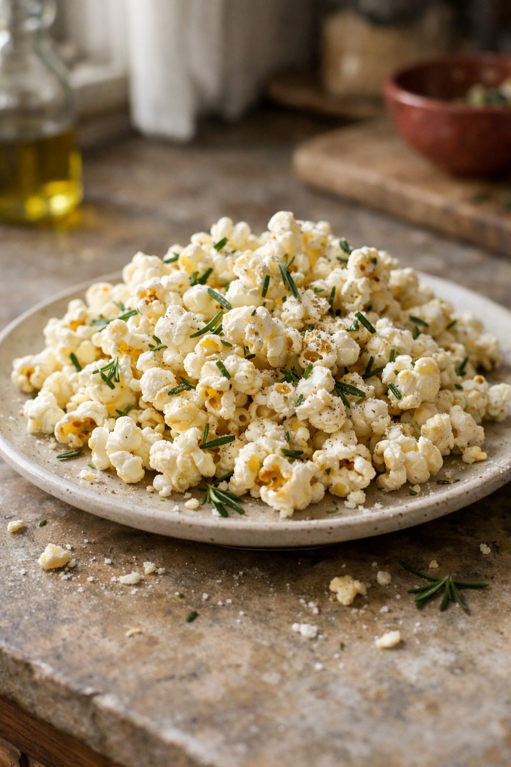 A plate of rosemary garlic parmesan popcorn on a worn wooden surface in a home kitchen, with scattered crumbs and light sauce drips visible.
