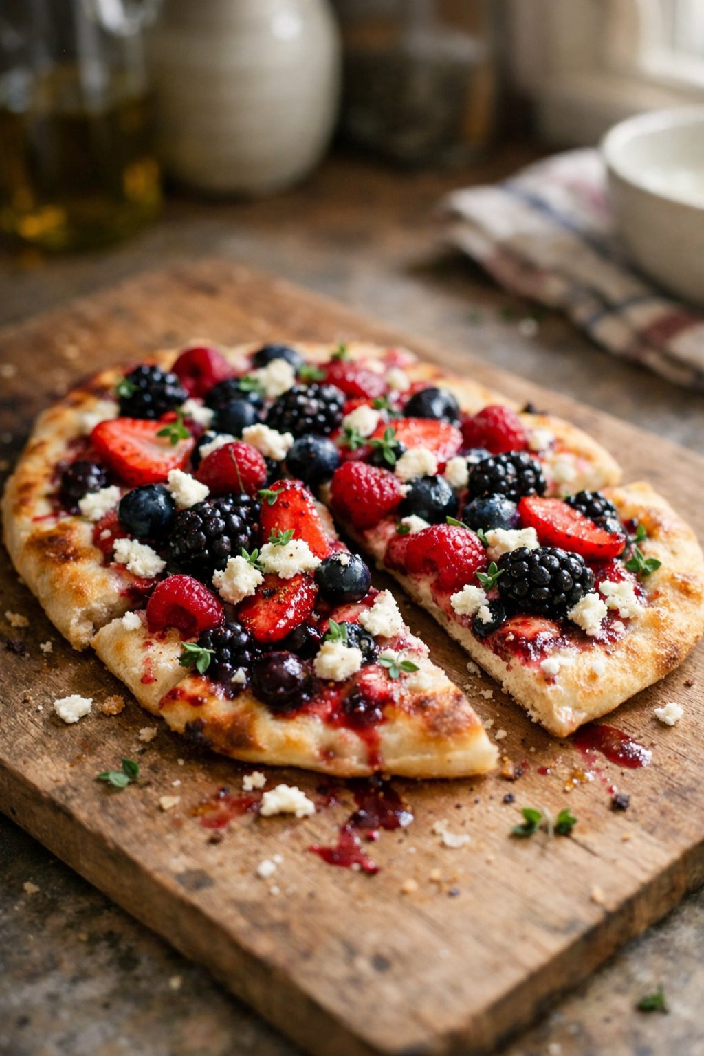 A berry and goat cheese flatbread on a rustic wooden surface in a home kitchen, with natural light coming from the side and a blurred background.
