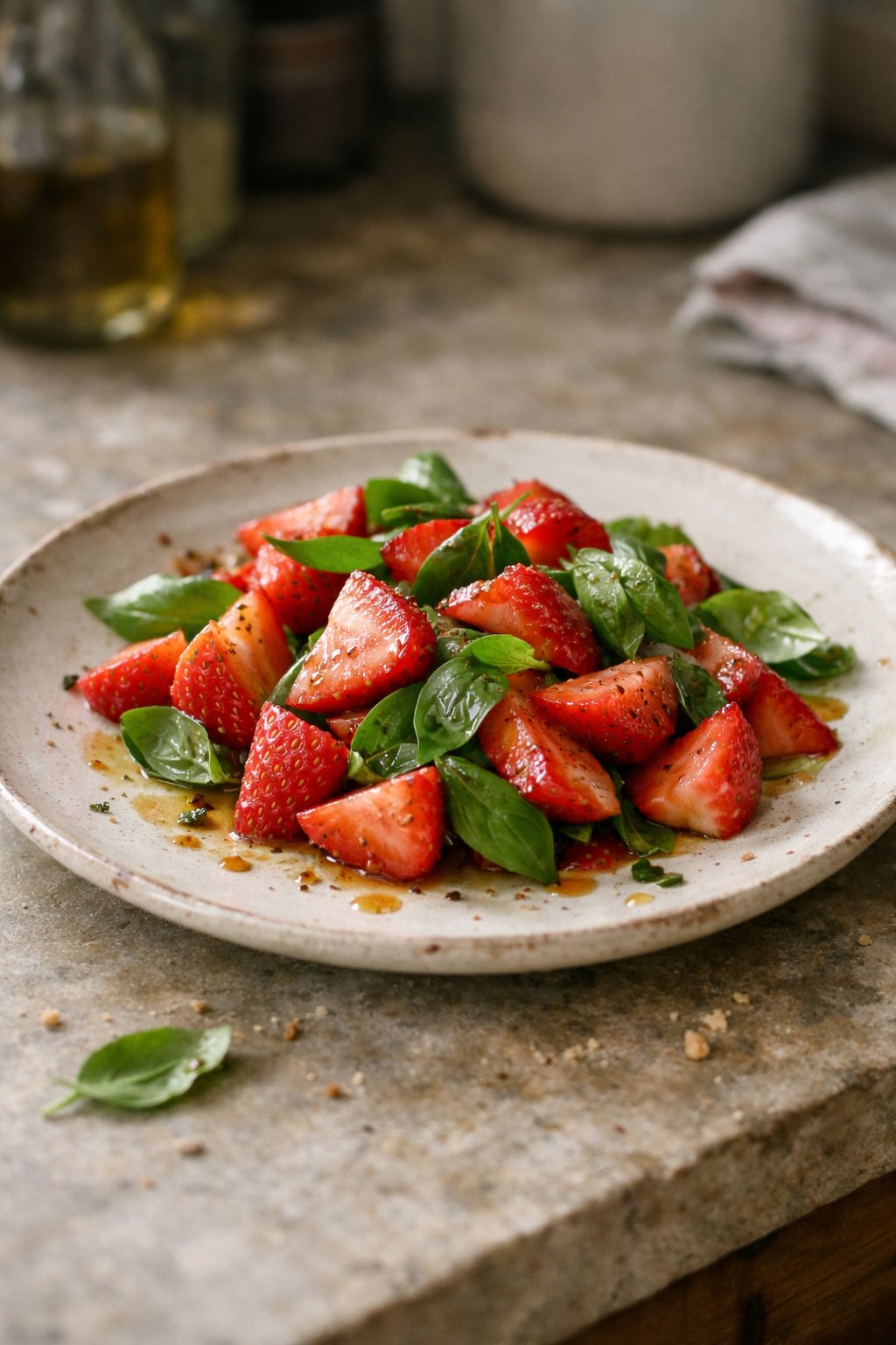 A strawberry basil salad on a plate set on a wooden surface in a home kitchen, softly lit by natural window light from the side.