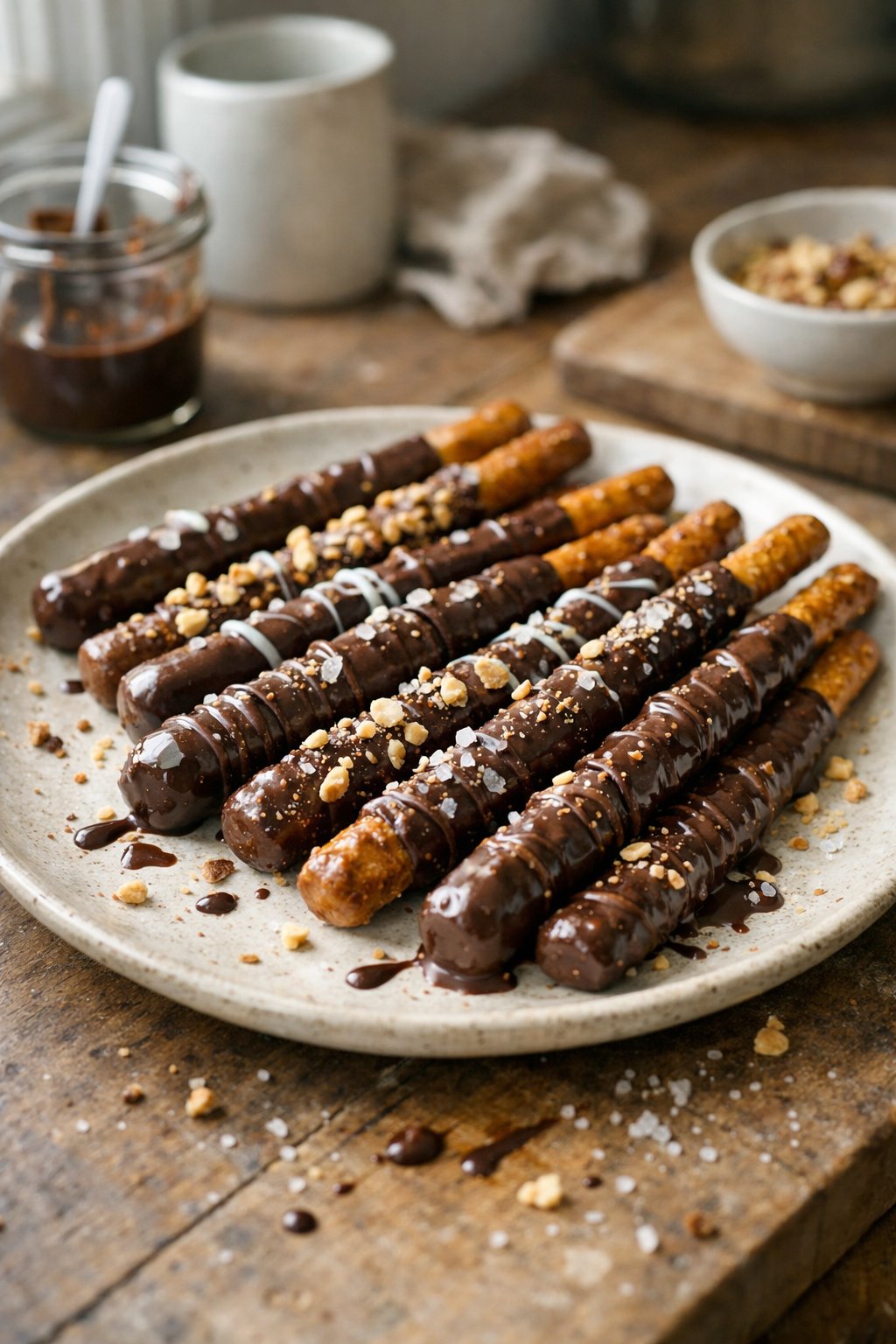 Chocolate-dipped pretzel rods on a worn wooden surface in a home kitchen with natural light and subtle shadows.