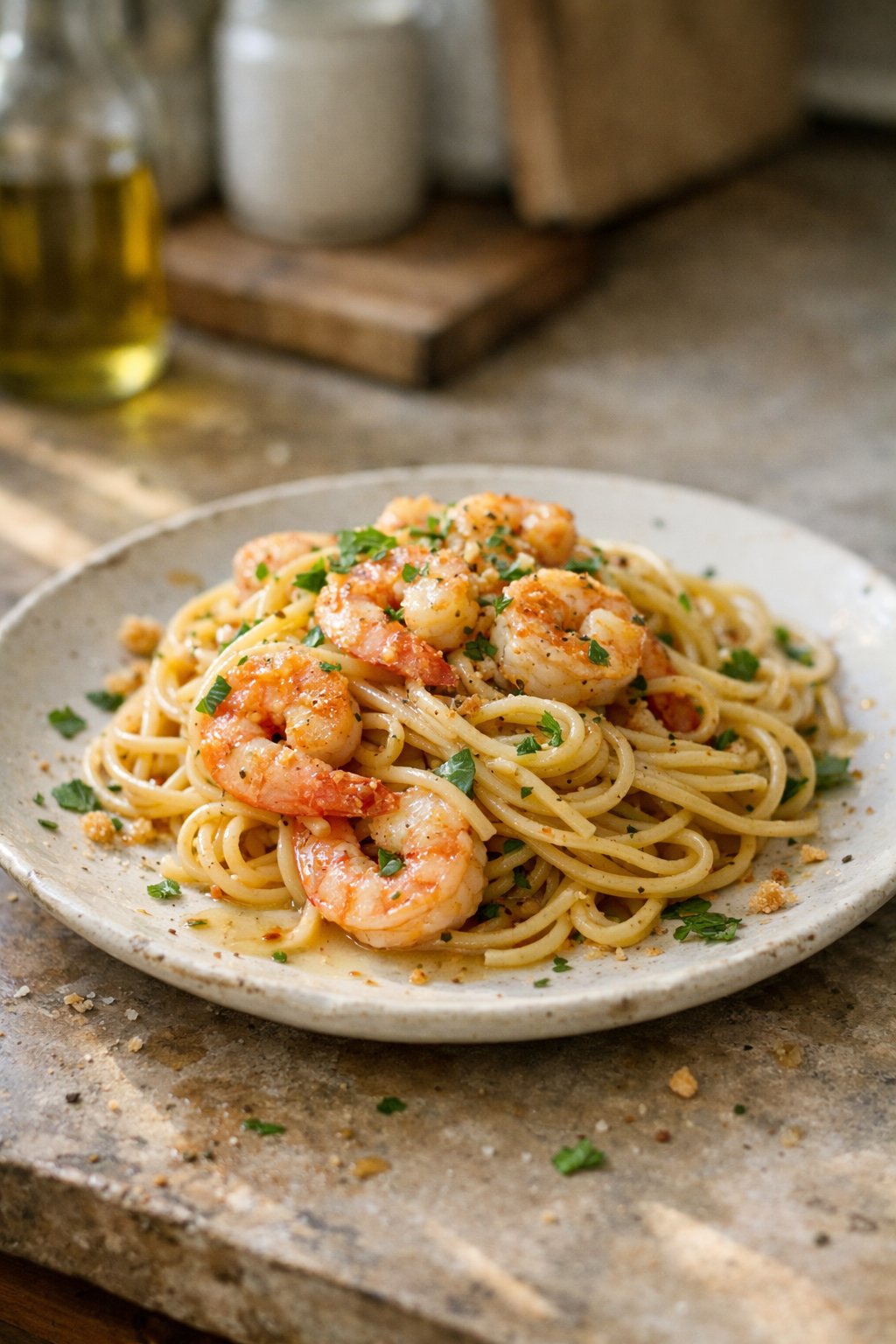 A plate of garlic butter shrimp pasta on a worn wooden surface in a home kitchen, softly lit by natural window light with a blurred background.