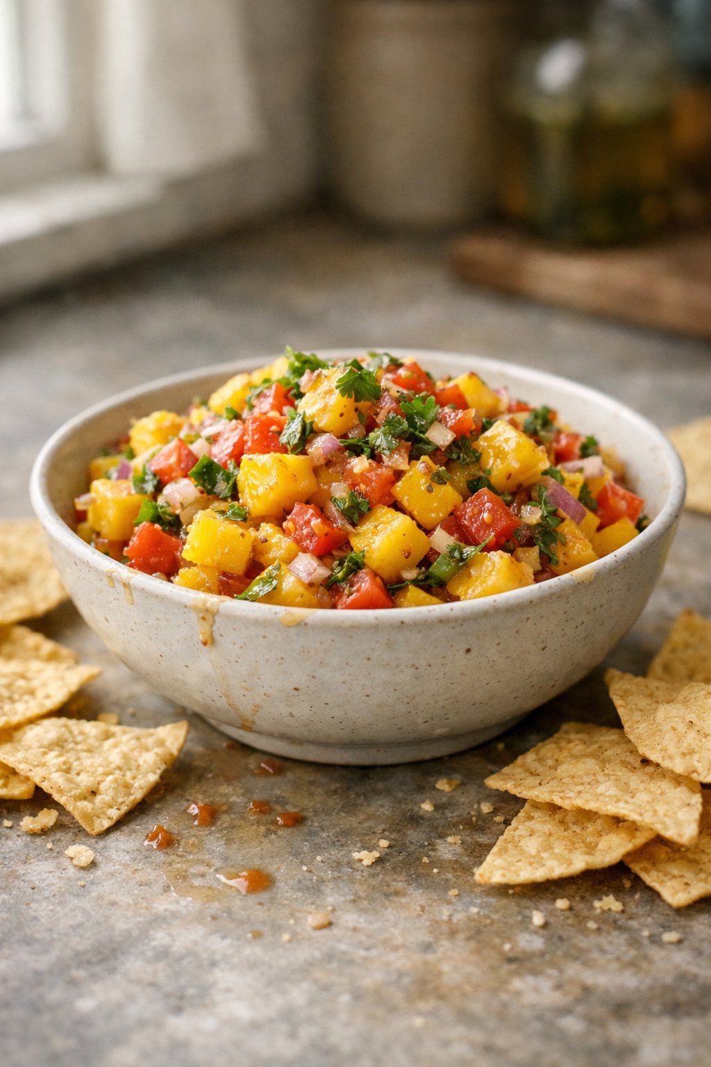 A bowl of spicy mango salsa with tortilla chips on a worn wooden surface in a home kitchen, softly lit by window light from the side.