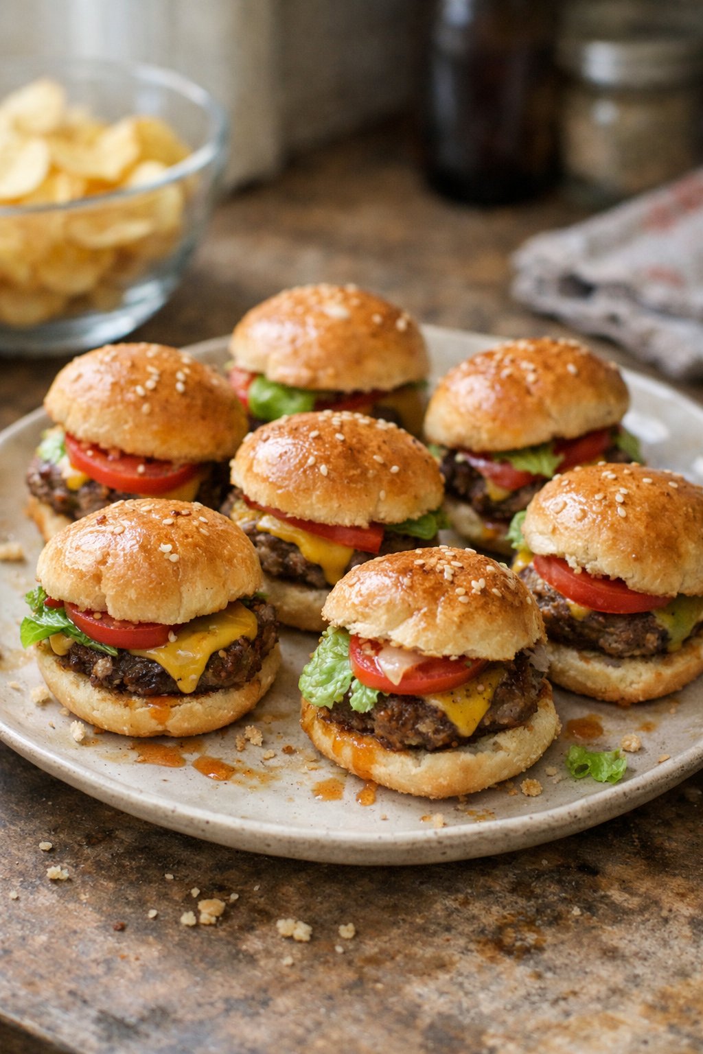 A plate of mini cheeseburger sliders on a worn wooden surface in a home kitchen, with natural light and small food imperfections visible.
