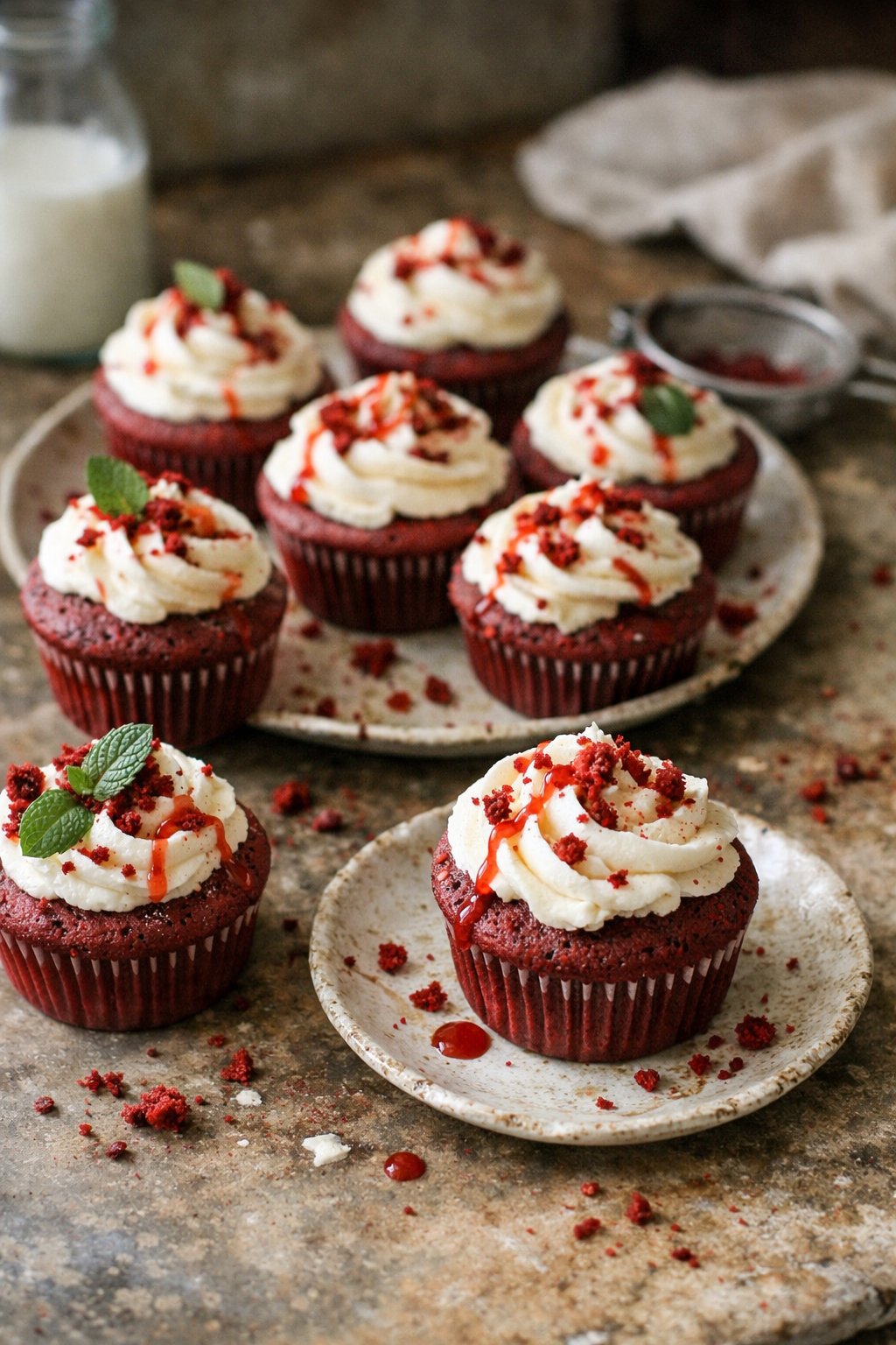 A plate of red velvet cupcakes on a worn wooden surface in a home kitchen, softly lit by natural window light from the side.