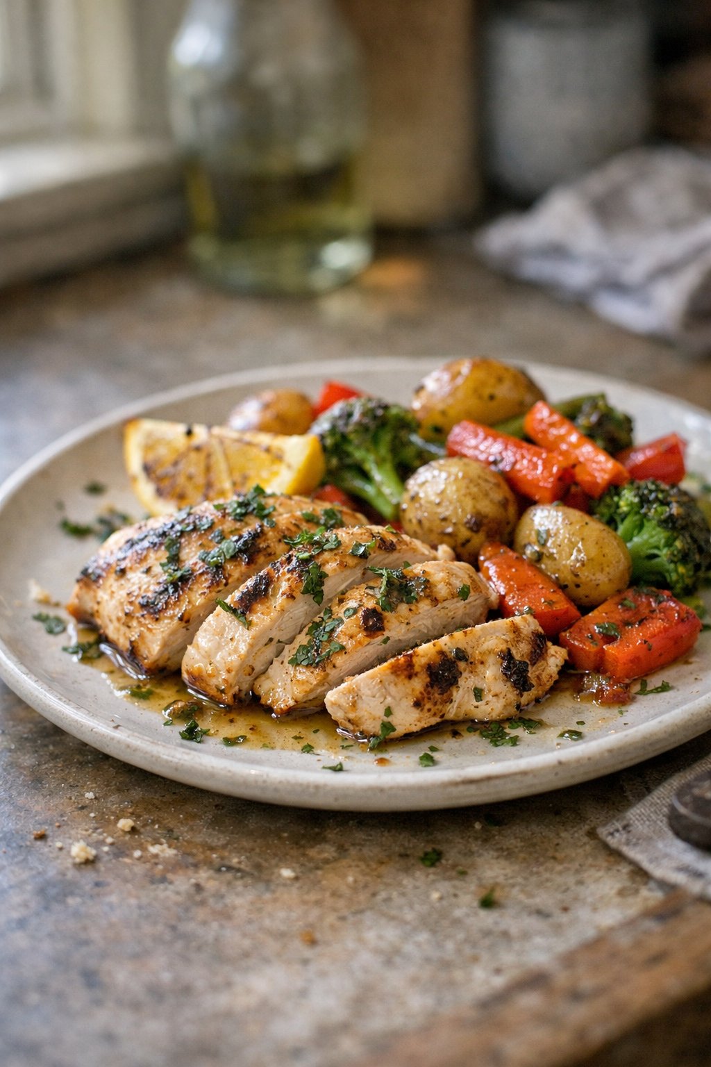 A plate of grilled lemon herb chicken and roasted vegetables on a rustic surface in a home kitchen, softly lit by window light from the side.