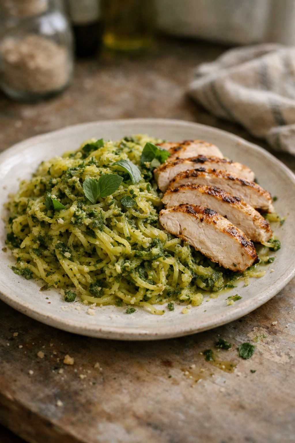 A plate of spaghetti squash with pesto and grilled chicken on a worn wooden surface in a home kitchen, softly lit by window light from the side.