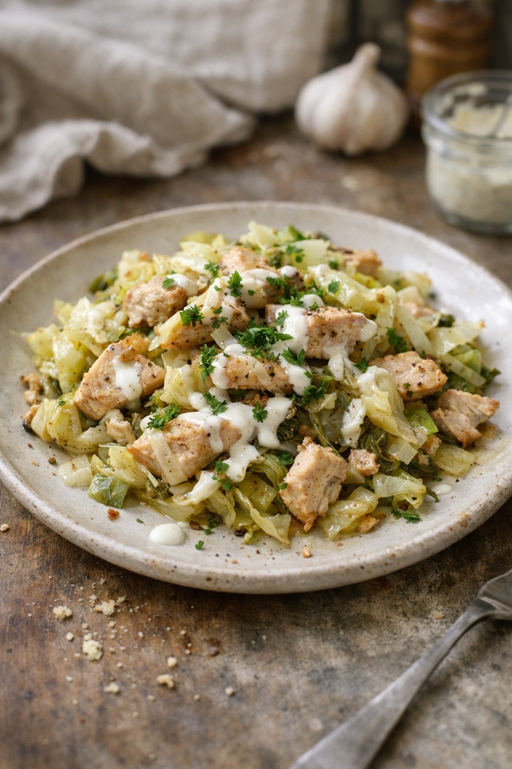 A plate of cabbage and turkey skillet with garlic sauce on a worn wooden surface in a home kitchen, softly lit by window light from the side.